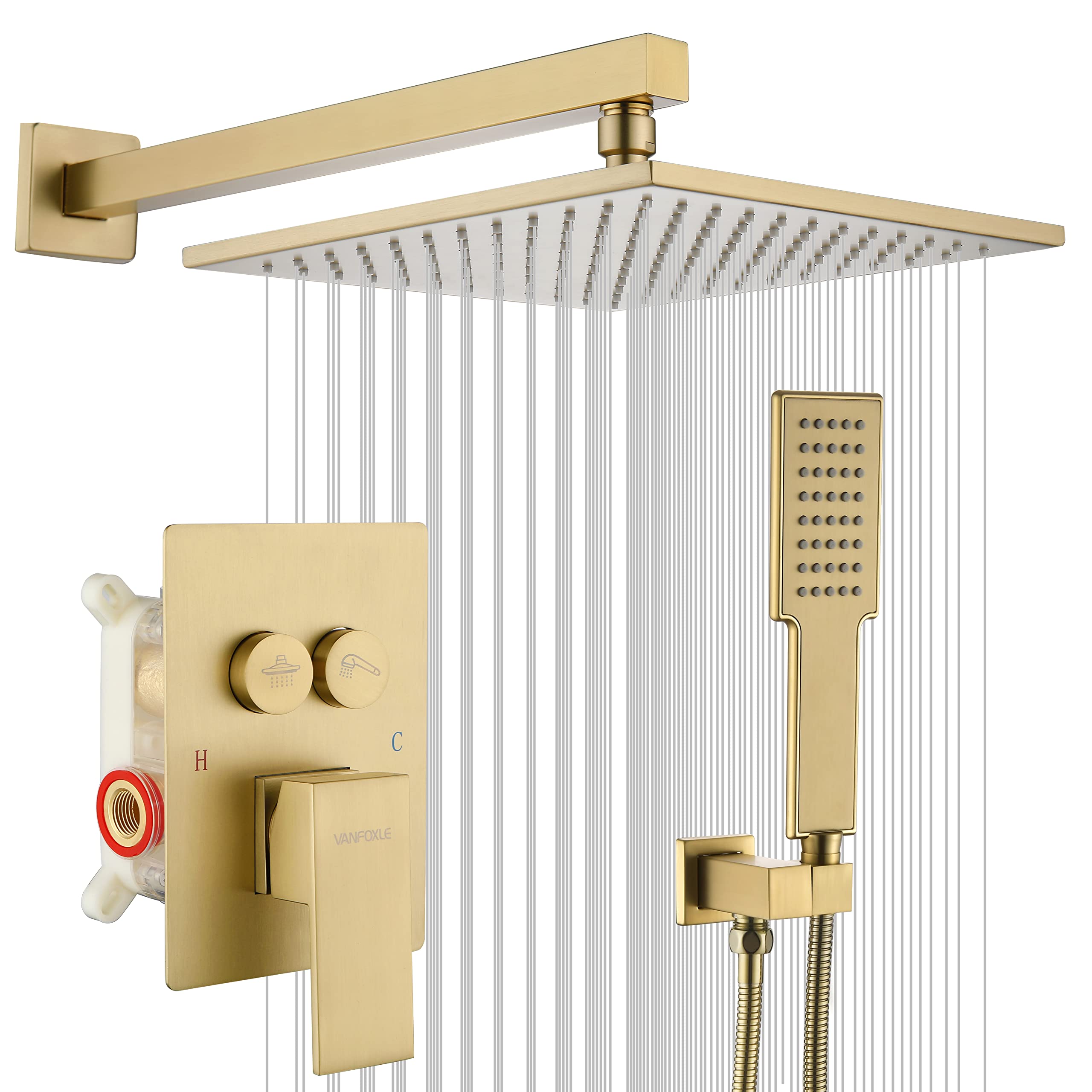 Brushed Gold Push-Button Shower Faucet Set with 10 Inch Rainfall Shower Head - Wall Mounted Shower System Combo for Modern Bathroom Luxury & Spa-Like Experience