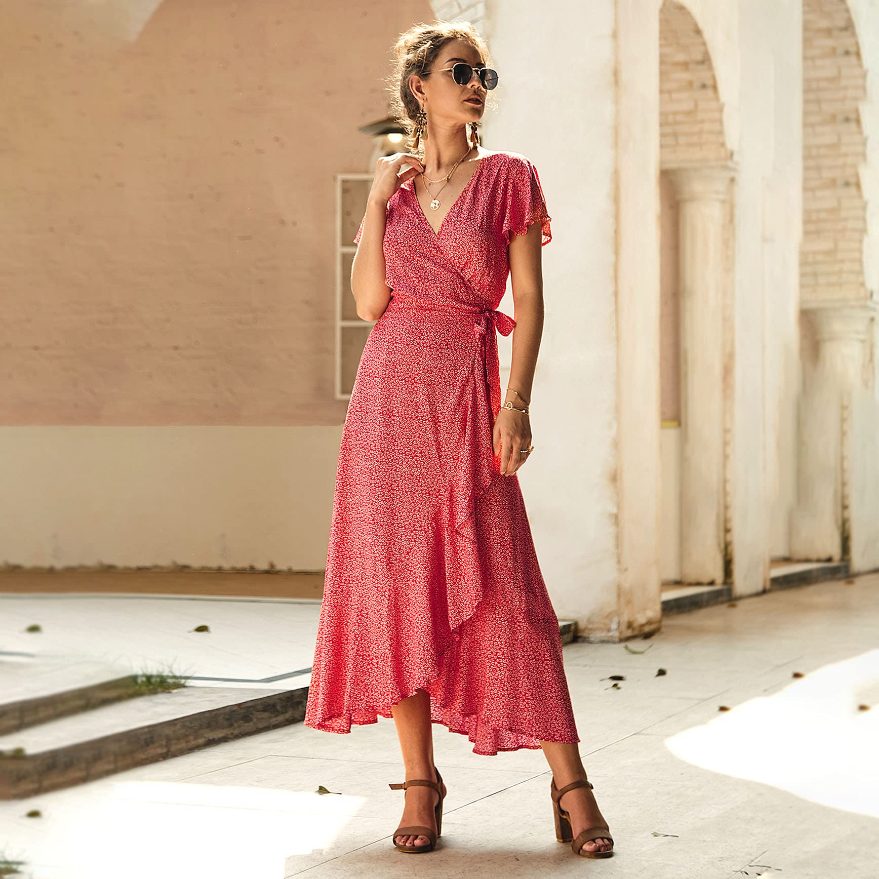 Floral Polka Dot Women's Summer Dress - V-Neck Short Sleeve Midi Dress with Belt | Perfect for Beach Vacations, Garden Parties & Casual Outings