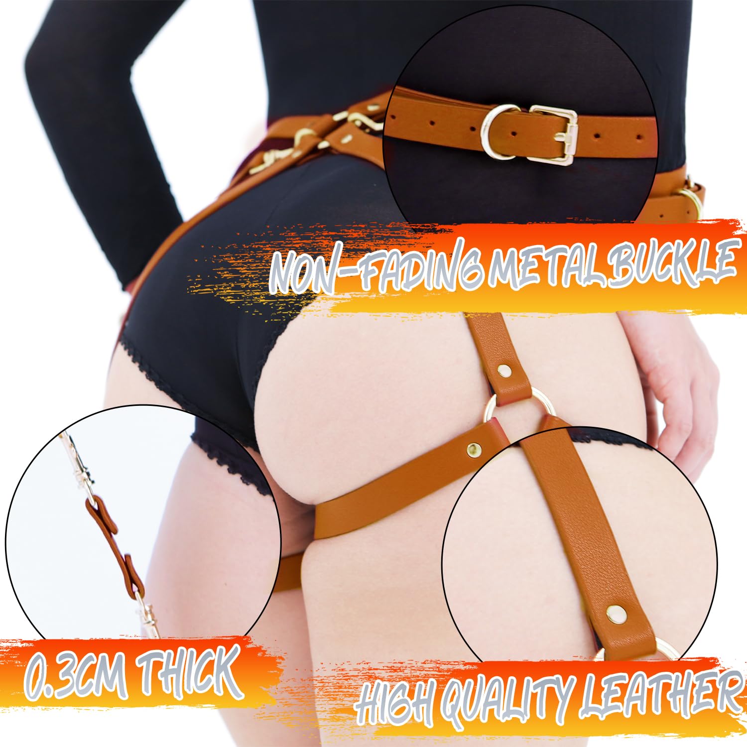 BDSM Bondage Kit for Couples - 2 Wrist Cuffs & Thigh Waist Straps Restraint Set - SM Leather Bondage Gear for Adults (Brown) - Perfect for Spicing Up Your Bedroom & BDSM Play