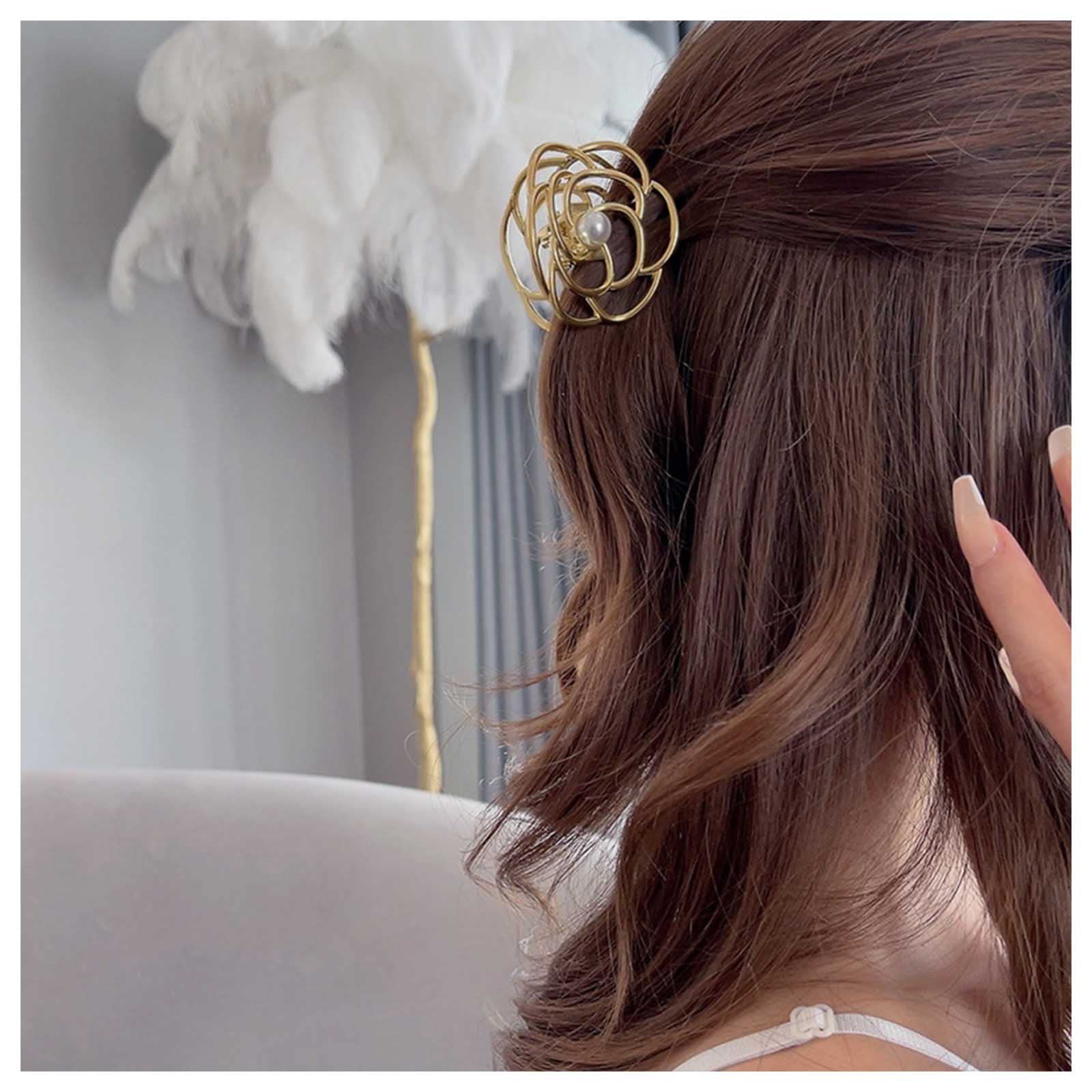 Boho Rose Flower Hair Claw Clip with Mini Pearls - Gold Metal Floral Barrette Hair Clip for Women & Girls - Minimalist Hair Accessories for Weddings, Parties & Everyday Wear