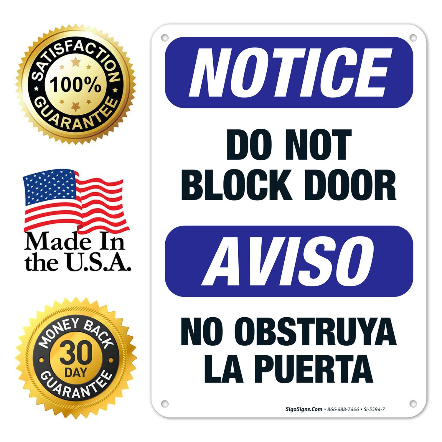 Bilingual 'Do Not Block Door' OSHA Notice Sign - 10x7 Inches, Rust-Free .040 Aluminum, Fade Resistant for Indoor & Outdoor Use - Made in USA | Perfect for Offices, Warehouses, and Public Safety Areas