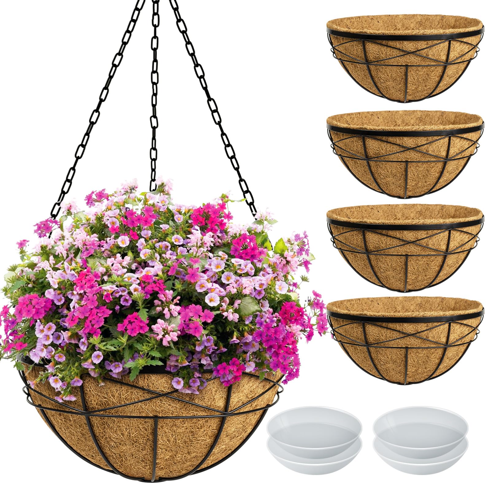 4 Pack 20 Inch Extra Large Deep Hanging Planters Baskets with Coconut Liner - Outdoor Flower Pots for Porch, Balcony & Garden Decor - Perfect for Ferns, Petunias & Vine Plants