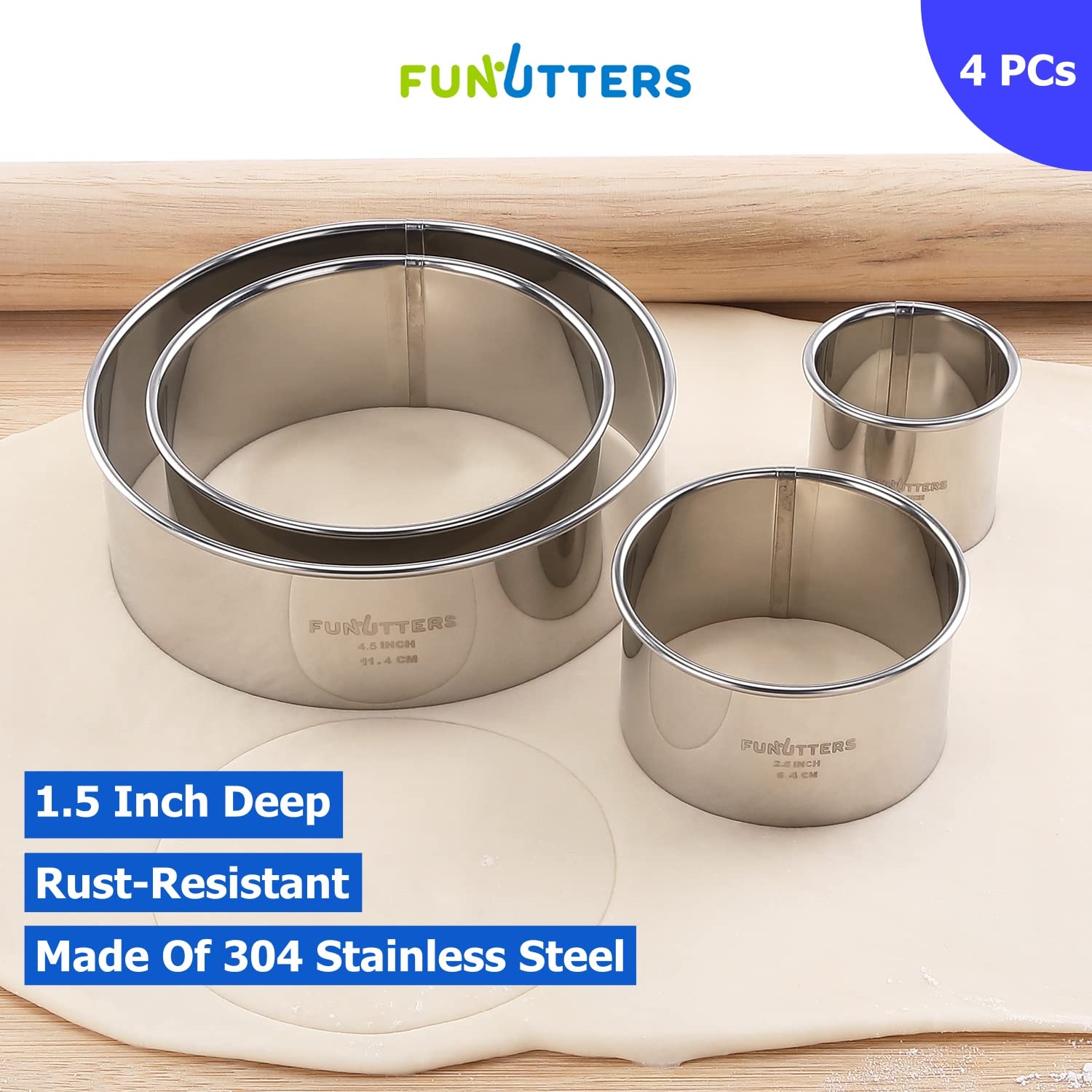 4-Piece Round Metal Cookie Cutter Set (1.5'', 2.5'', 3.5'', 4.5'') - Heavy Duty Baking Rings for Pastry, Biscuits & Dough - Reusable Stainless Steel Cutters for Perfect Cookies, Cakes & DIY Baking Projects