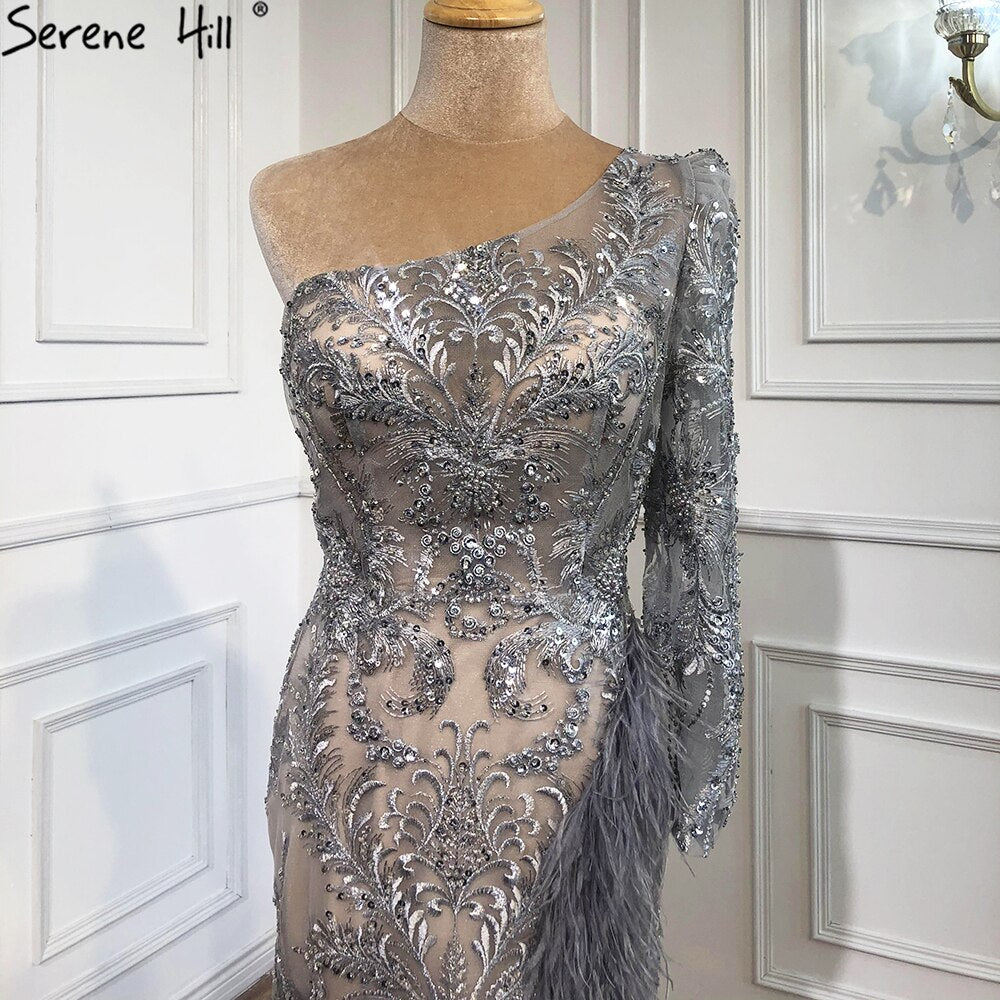 Elegant Grey High Slit Mermaid Evening Dress 2025 - One Shoulder Beaded Feather Formal Gown for Prom, Wedding & Special Occasions | LA70691
