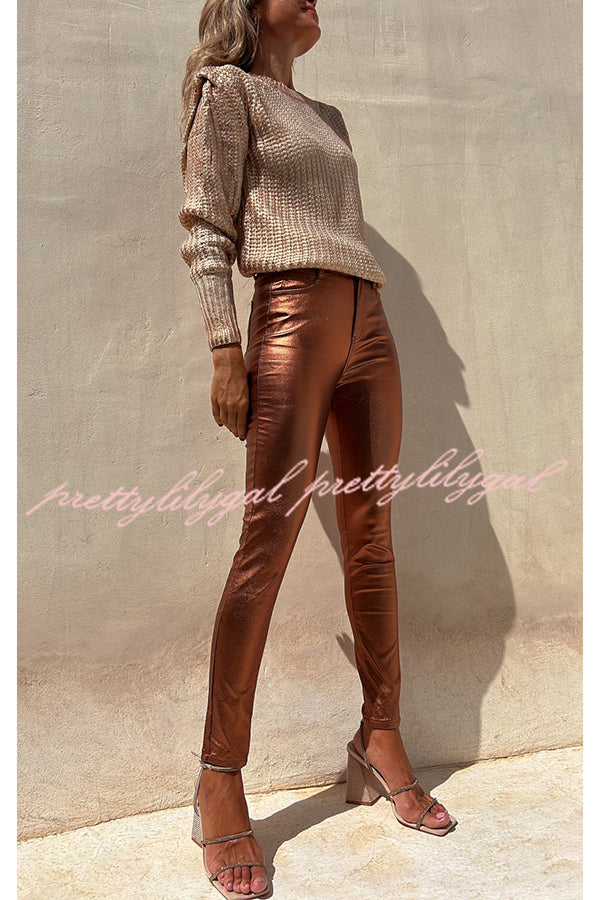 Stylish Metallic Faux Leather Stretch Pants for Women - Trendy High Waist Skinny Pants with Pockets - Perfect for Night Out, Party & Casual Wear