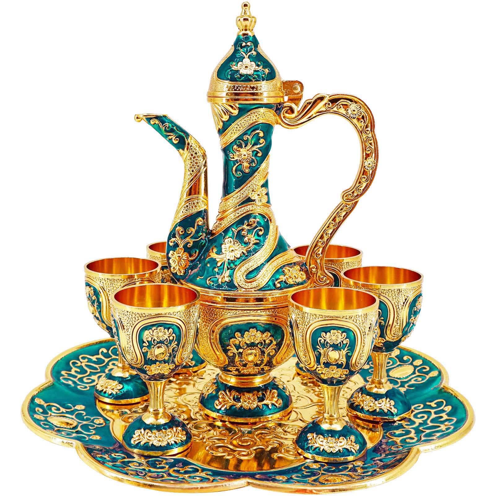 Vintage Turkish Coffee Pot and Cups Set - Gold and Blue Tea Service with Teapot, Tray & Metal Cups - Perfect for Home Decor, Wedding Gifts & Wine Cabinet Display - Elegant Ottoman Style Serving Set for Coffee, Tea & Special Occasions