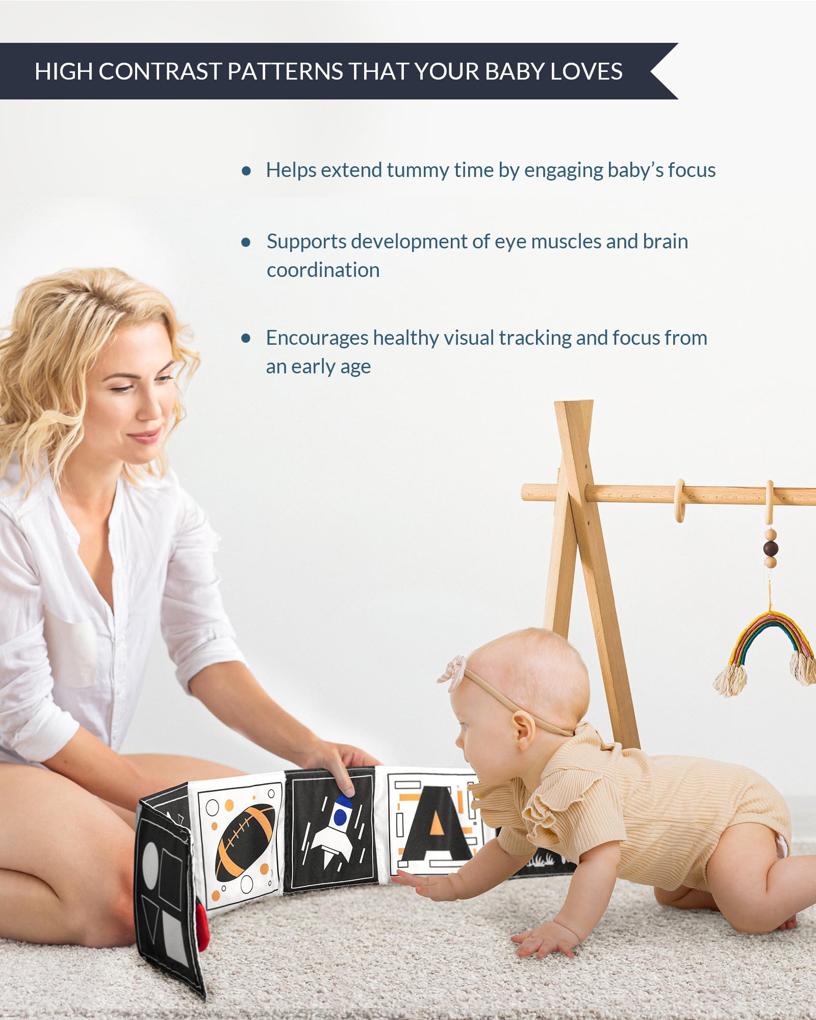 Infinno High Contrast Crinkle Cloth Activity Book - Black & White Baby Toys for 0-6 Months | Infant Sensory Mirror & Tummy Time Toys | Essential Newborn Developmental Gifts for Playtime & Learning