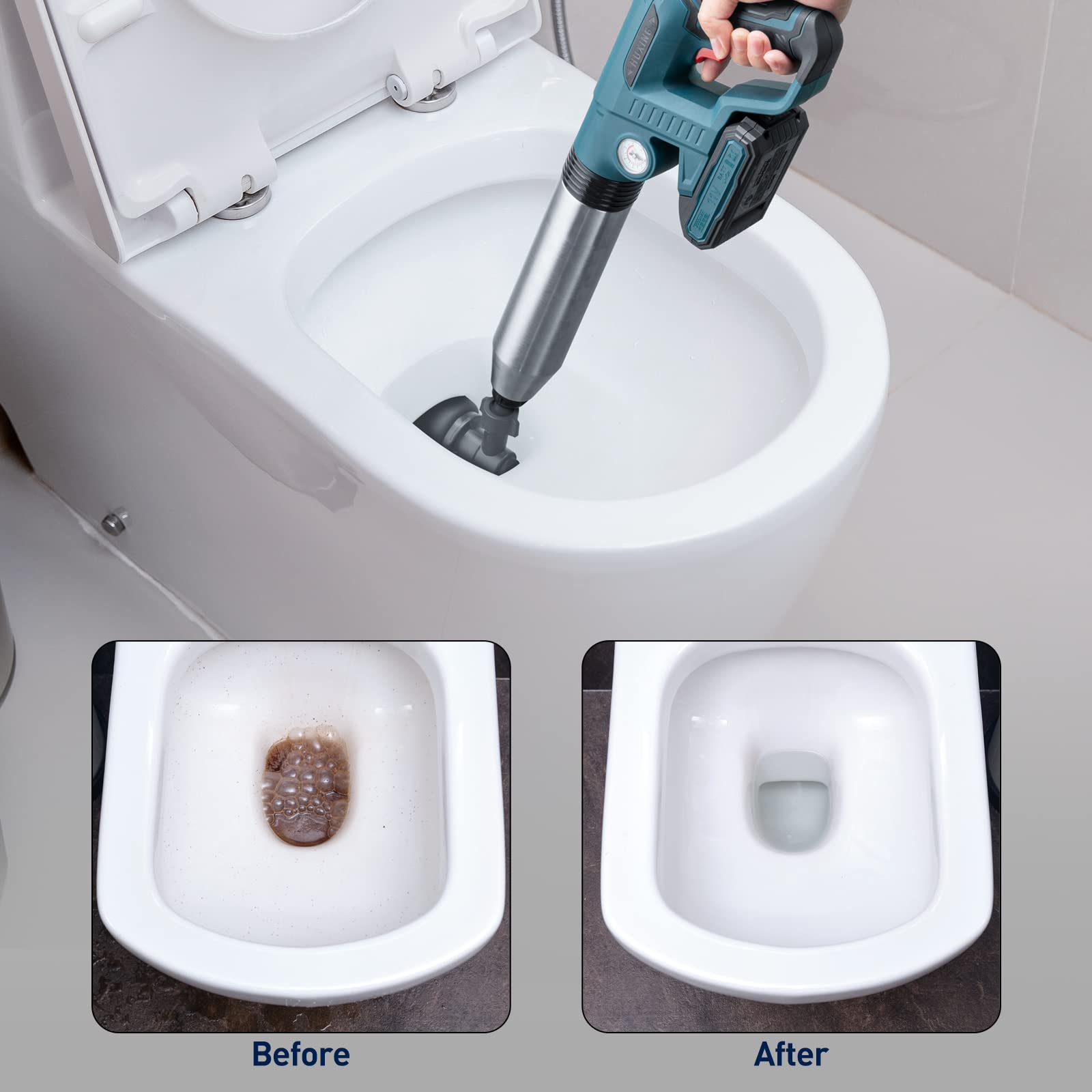 Heavy Duty Electric Toilet Plunger - 80 PSI Portable Battery Powered High Pressure Clog Remover with Barometer for Bathroom, Kitchen Sink & Sewer Drain - Ideal for Home, RV & Commercial Use
