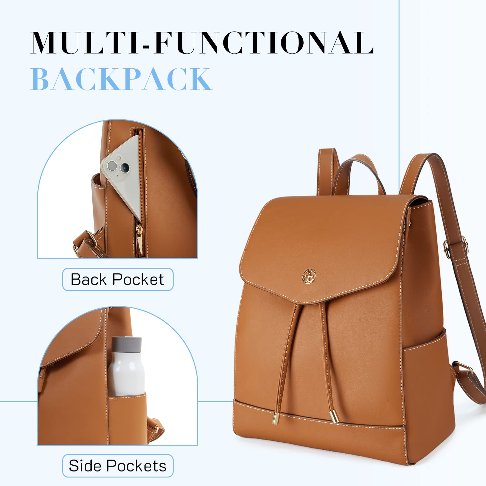 Missnine Women's Small PU Leather Backpack Purse - Fashionable Travel Bag & Casual Daypack for Work, School & Outings (Brown)