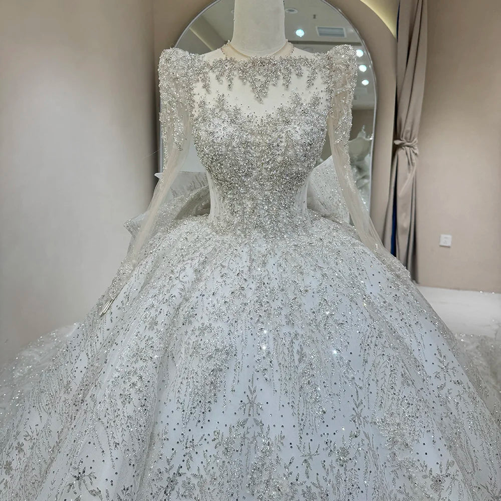 Elegant Sequined Wedding Dress with O-Neck, Long Sleeves & Chapel Train - Perfect for Bridal Ceremony, Chapel Wedding & Formal Evening Events