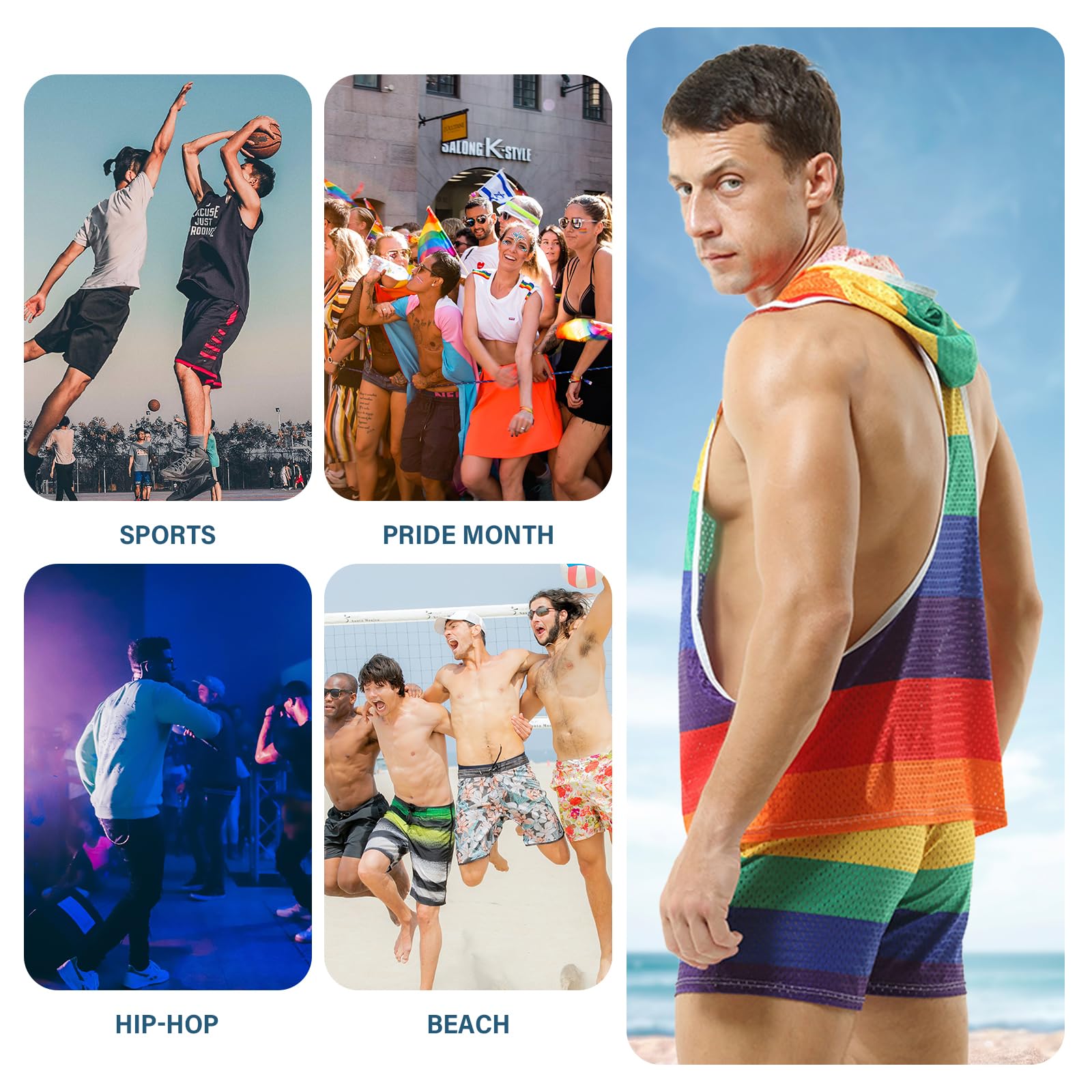 **Men's Rainbow Mesh Sleeveless Hoodie - Sexy Y-Back Muscle Tank Top for Pride, Workout & Gym | Lightweight Breathable Summer Shirt for Running & Outdoor Activities**
