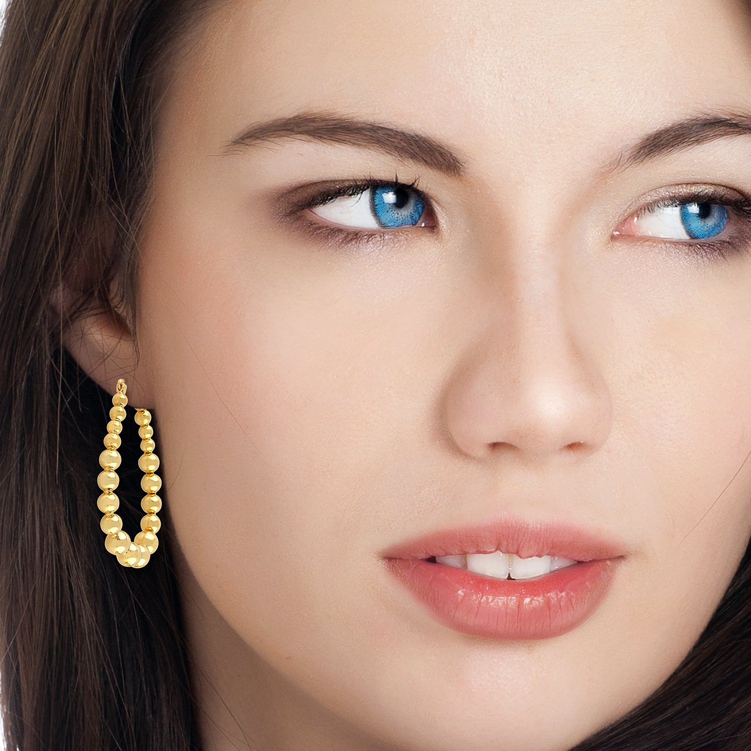 18K Yellow Gold Beaded Long Hoop Earrings for Women - Elegant Dangle Drop Earrings for Parties, Weddings & Everyday Wear