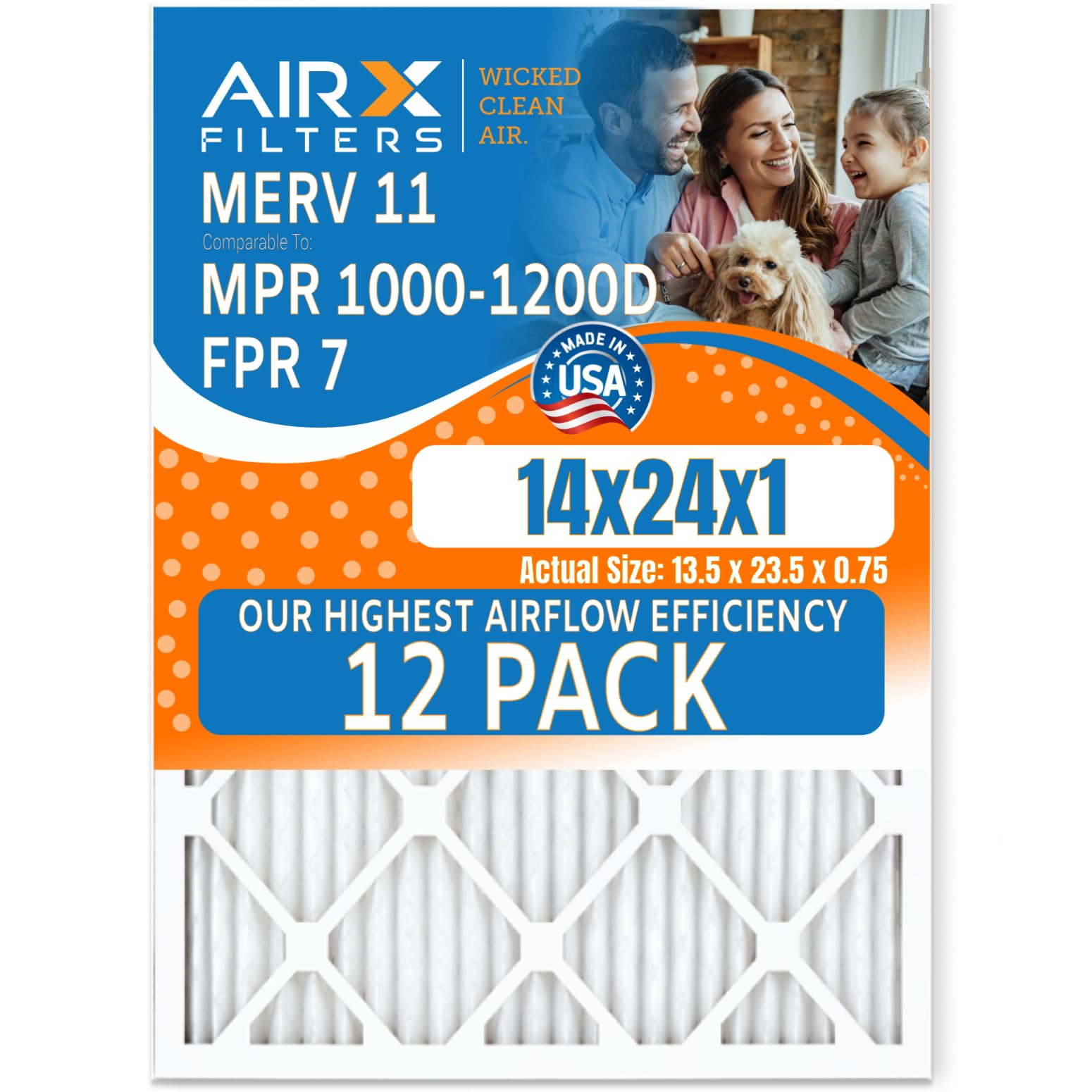 14x24x1 MERV 11 Air Filter 12 Pack - High Efficiency Furnace Filters Comparable to MPR 1000, MPR 1200 & FPR 7 | Made in USA by AIRX FILTERS | Perfect for HVAC Systems, Home Air Purification & Allergy Relief