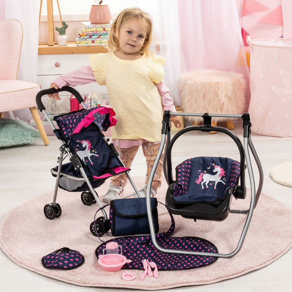 Bayer Design Dolls: 11 Piece Stroller Accessory Set - Navy, Pink, Hearts & Unicorn Patterns | Perfect for Baby Doll Carriage & Stroller Playtime