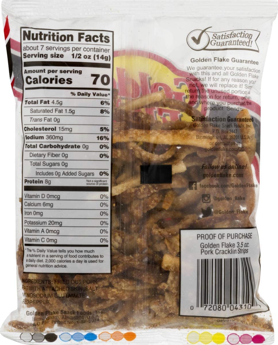 Golden Flake Fried Pork Cracklin Strips - Mildly Seasoned with Red Pepper - 3.25 oz. Bags (Pack of 3) | Crunchy Snack for Parties, Road Trips & Keto Diet | Gluten-Free Pork Rinds for Low-Carb Lifestyle