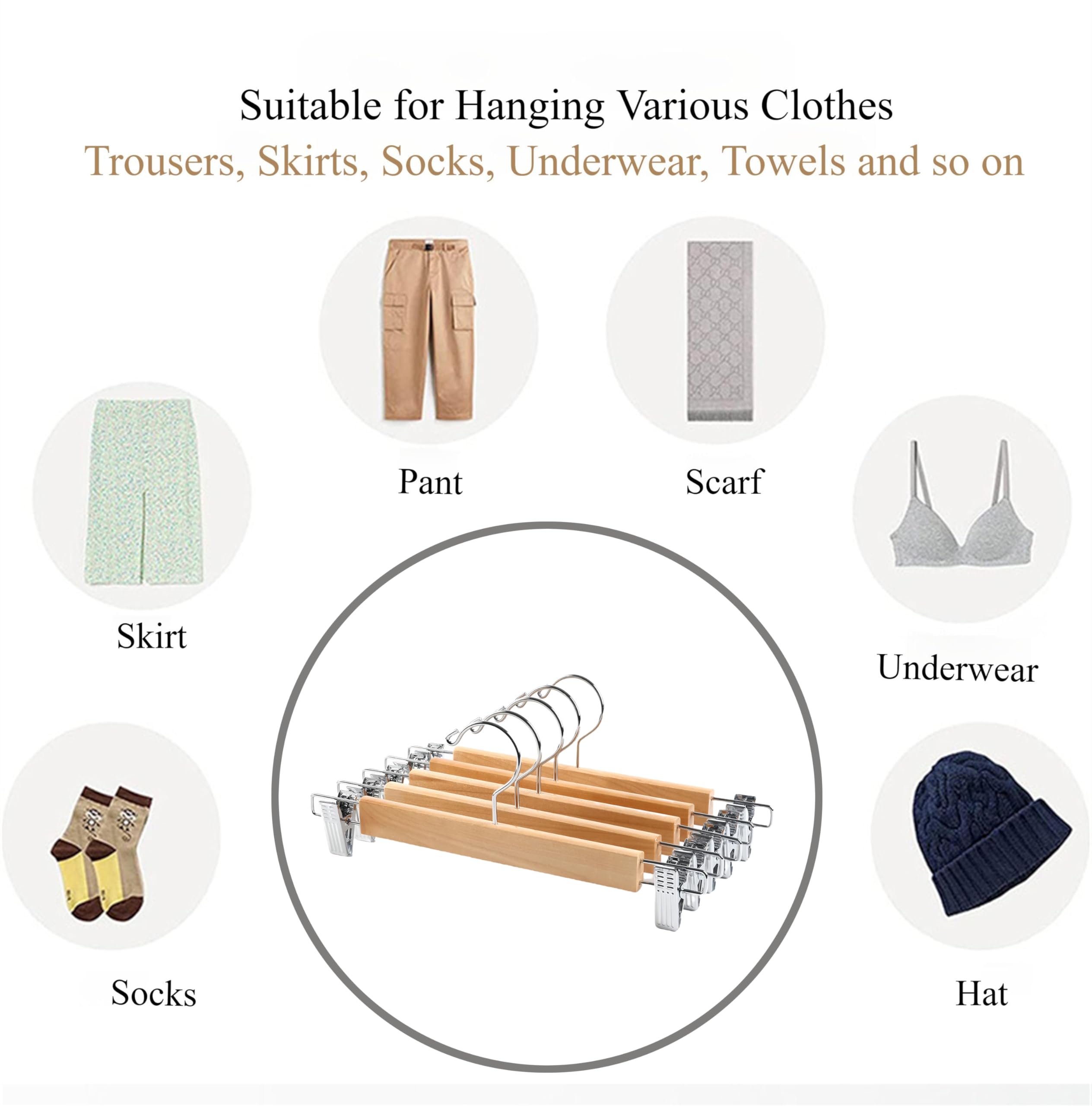 White Wooden Pants Hangers with Adjustable Clips - 20 Pack for Skirts, Jeans & Trousers - Space Saving Closet Organizer for Home & Retail Display