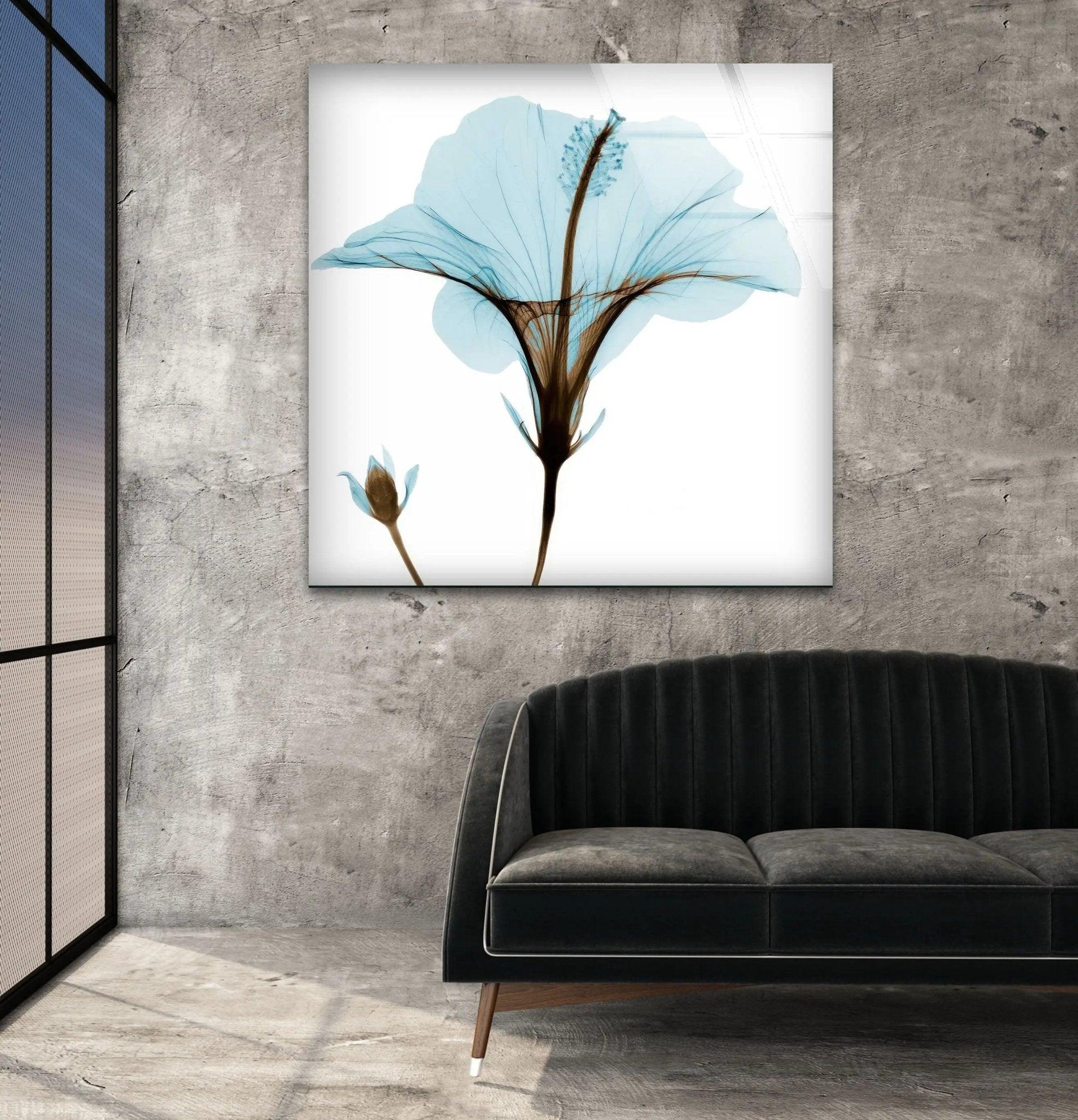 Albert Koetsier Aqua Hibiscus Glass Wall Art - Handcrafted Stained Glass Decor for Living Room, Bedroom & Office - Elegant Floral Design for Home & Office Decor