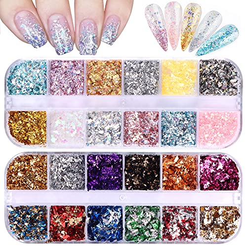 24 Grid Holographic Nail Art Foil Flakes - Gold Silver Mirror Glitter Sequins for Acrylic Nails | DIY Nail Decoration, Manicure, Salon & Party Glam Looks
