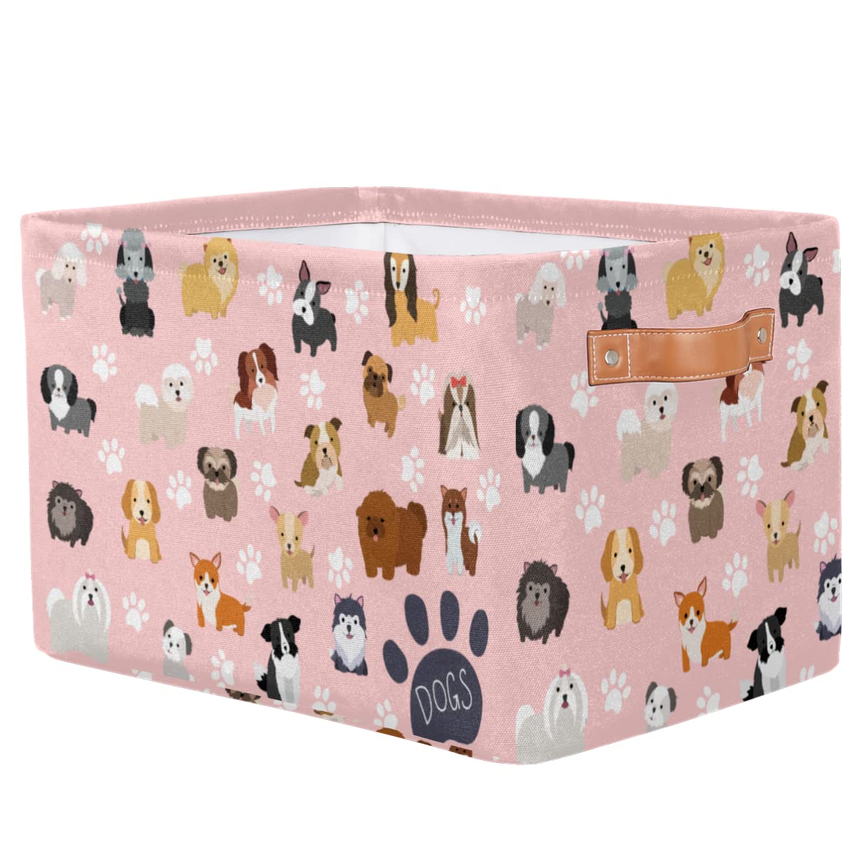 Cute Pink Dog Storage Baskets with Handles - Collapsible Rectangular Fabric Toy Organizer Bin for Closet, Shelf, Laundry, Nursery & Kids Bedroom (15x11x9.5 Inches) - Perfect for Home Organization & Pet Toy Storage