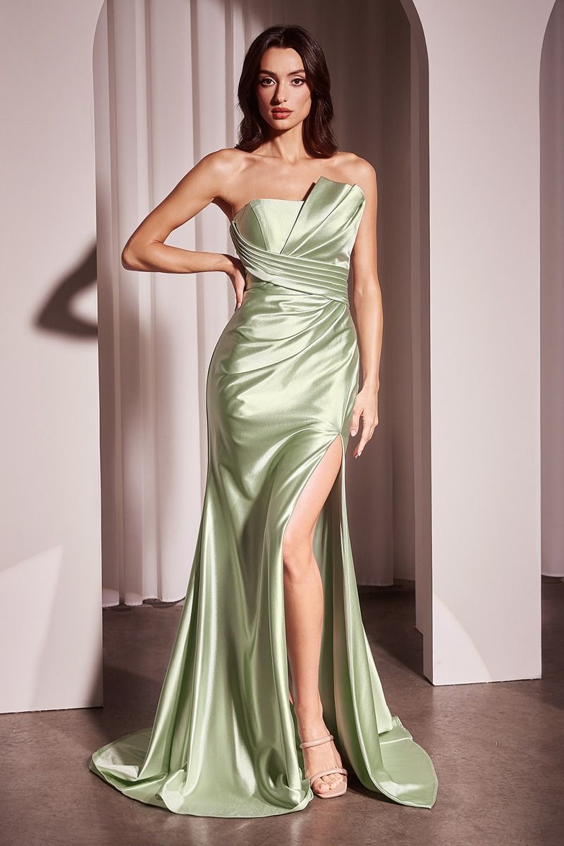 Deanna Strapless Satin Gown - Sage Green Pleated Fitted Formal Dress for Prom, Evening Gala & Special Occasions
