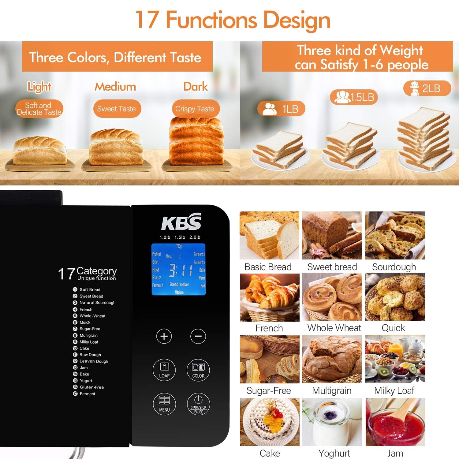**KBS 17-in-1 Bread Maker Machine - 2LB Stainless Steel Bread Machine with Fruit Nut Dispenser, Nonstick Ceramic Pan, Digital Touch Panel, 710W, 15-Hour Timer, 1-Hour Keep Warm - 3 Sizes & 3 Colors - Perfect for Homemade Bread, Gluten-Free Baking & Family Breakfasts**