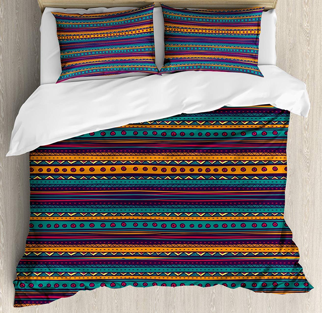 Tribal 3-Piece King Size Bedding Set - Striped Retro Aztec Comforter Duvet Cover with 2 Decorative Pillowcases - Mexican Style Bedspread for Kids, Teens & Adults - Perfect for Boho Chic Bedrooms & Dorm Decor