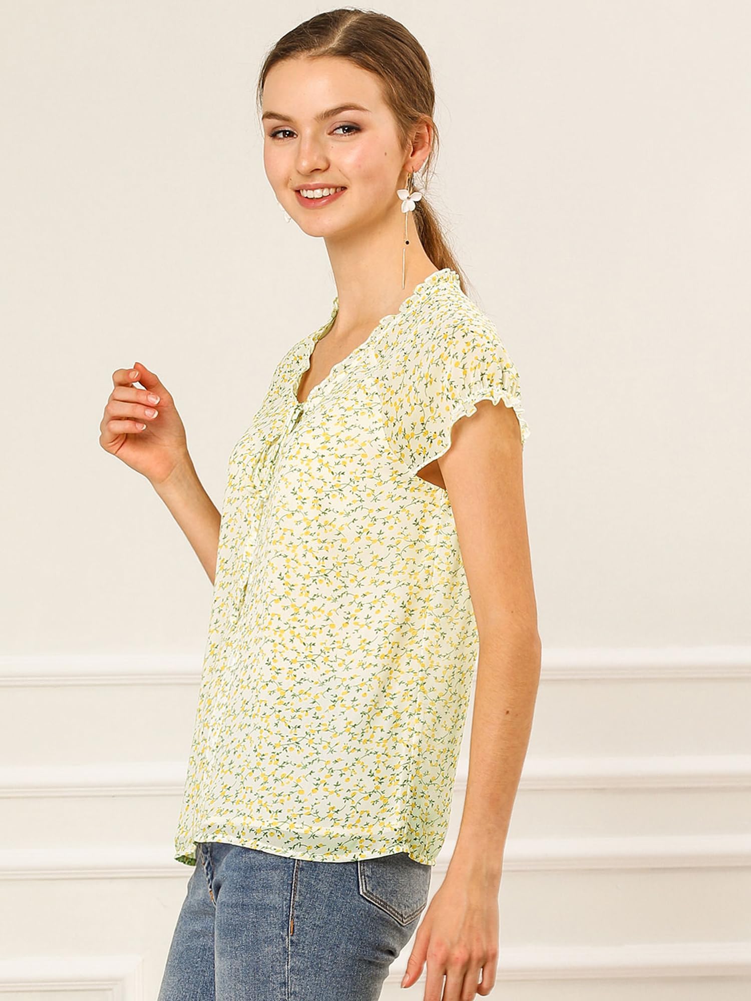 Allegra K Women's Floral Print V-Neck Chiffon Blouse - Short Cap Sleeve Ruffled Summer Top for Casual Wear, Office & Date Night Outfits | 2025 Trendy Floral Shirt