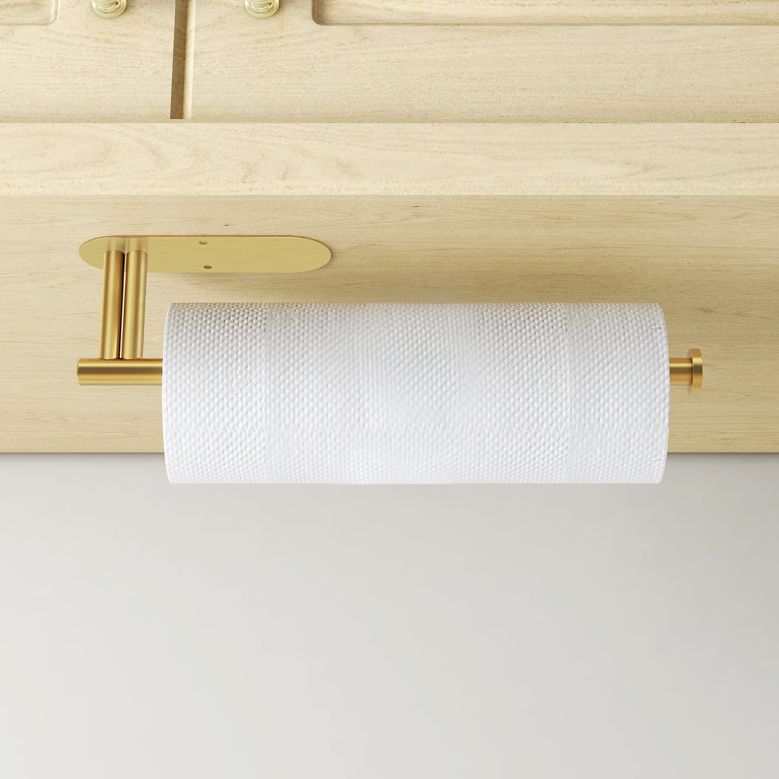 Upgraded Double Rod Bearing Paper Towel Holder for Kitchen - Self-Adhesive or Wall Mounted Under Cabinet, Gold (Perfect for Easy Access to Paper Towels While Cooking & Cleaning)