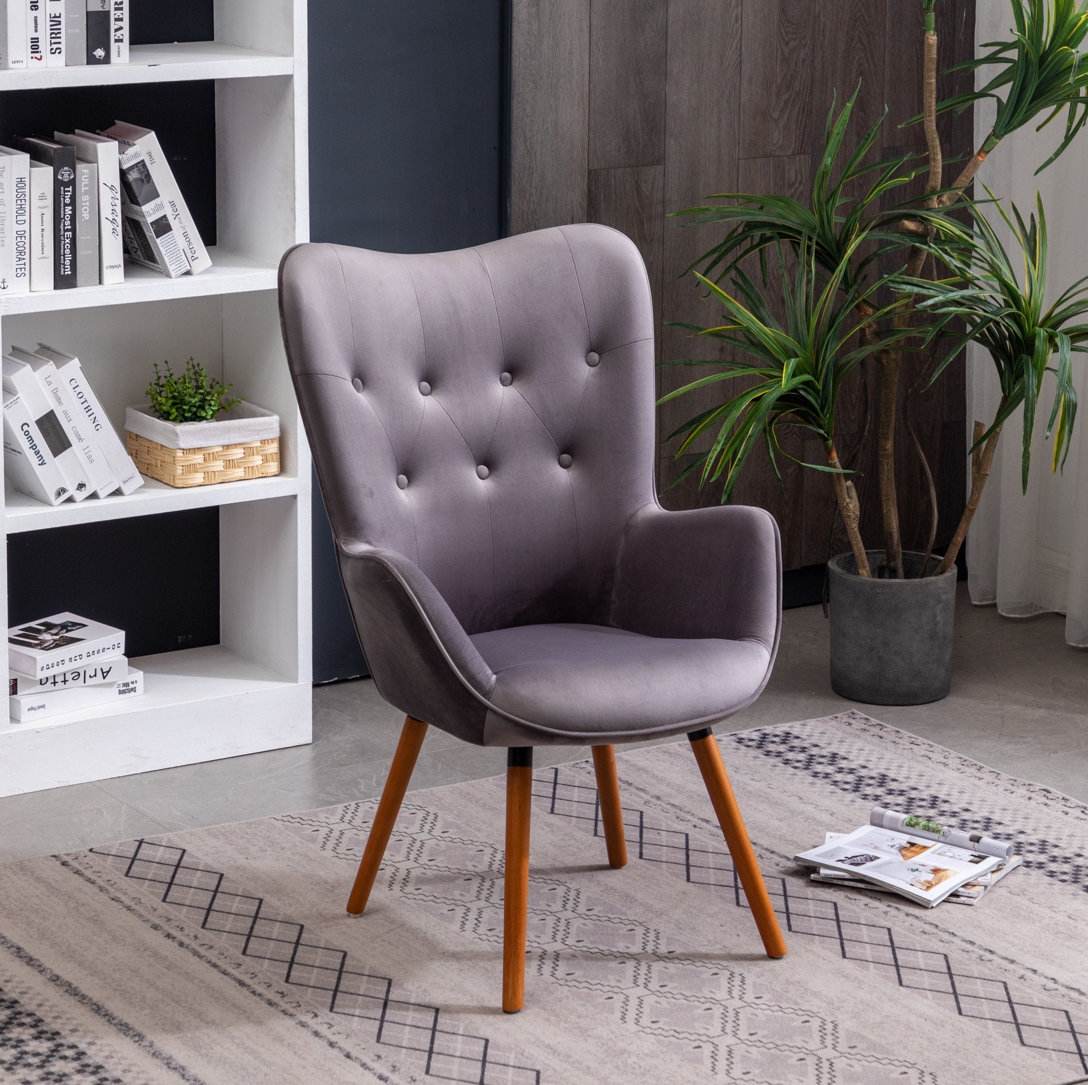 Roundhill Furniture Doarnin Contemporary Silky Velvet Tufted Button Back Accent Chair - Gray Velvet Upholstered Lounge Chair for Living Room, Bedroom & Office Decor