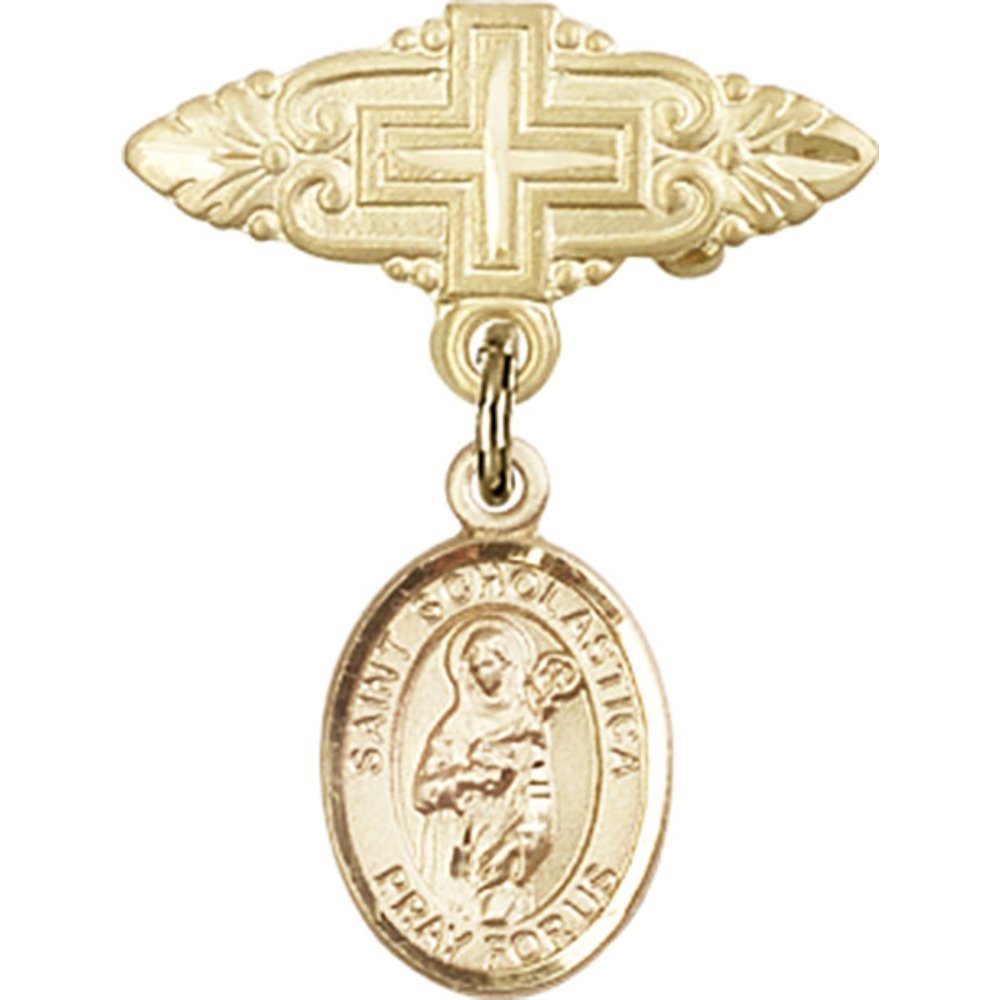 St. Scholastica Gold Filled Baby Badge with Cross Charm - 1 X 3/4 Inch Religious Pin for Baptism, First Communion & Christening Gifts