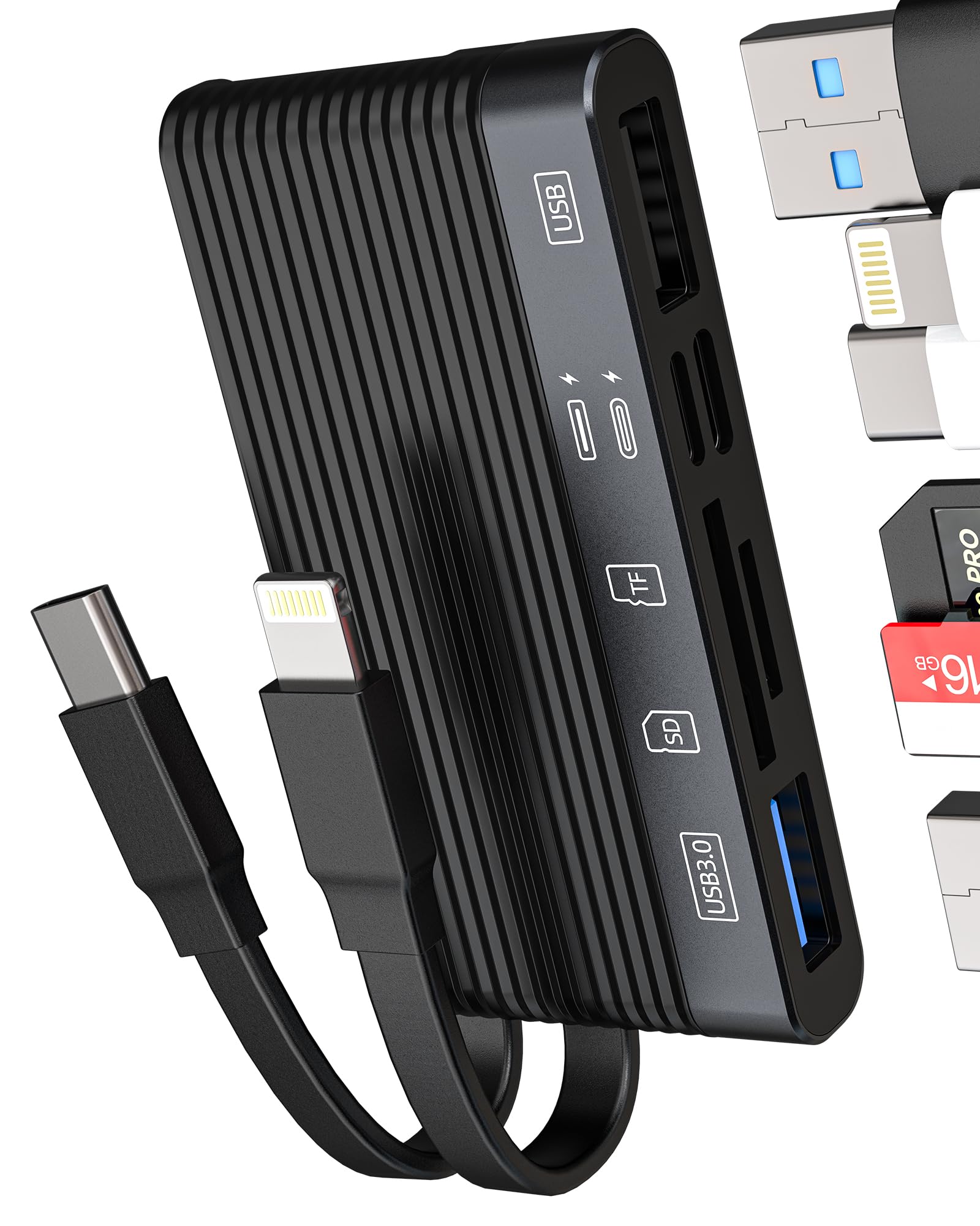 6-in-1 USB C to Lightning Adapter with SD/TF Card Reader - OTG 3.0 Type-C Data Transfer Cable for iPhone 15, iPad, MacBook & PC - Perfect for Photography, File Sharing & Mobile Device Management