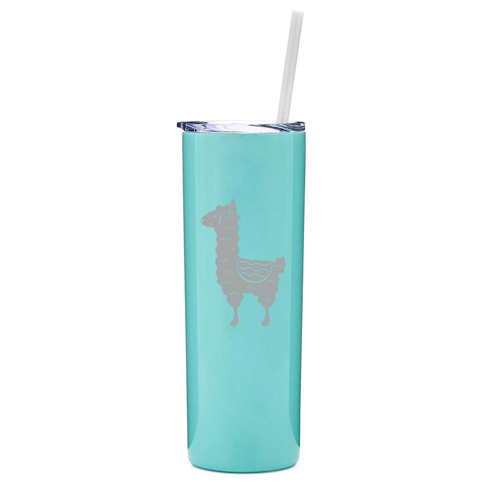 20 oz Skinny Tall Stainless Steel Vacuum Insulated Tumbler with Straw - Cute Llama Design Travel Mug (Light Blue) - Perfect for Coffee, Tea & Cold Drinks On The Go