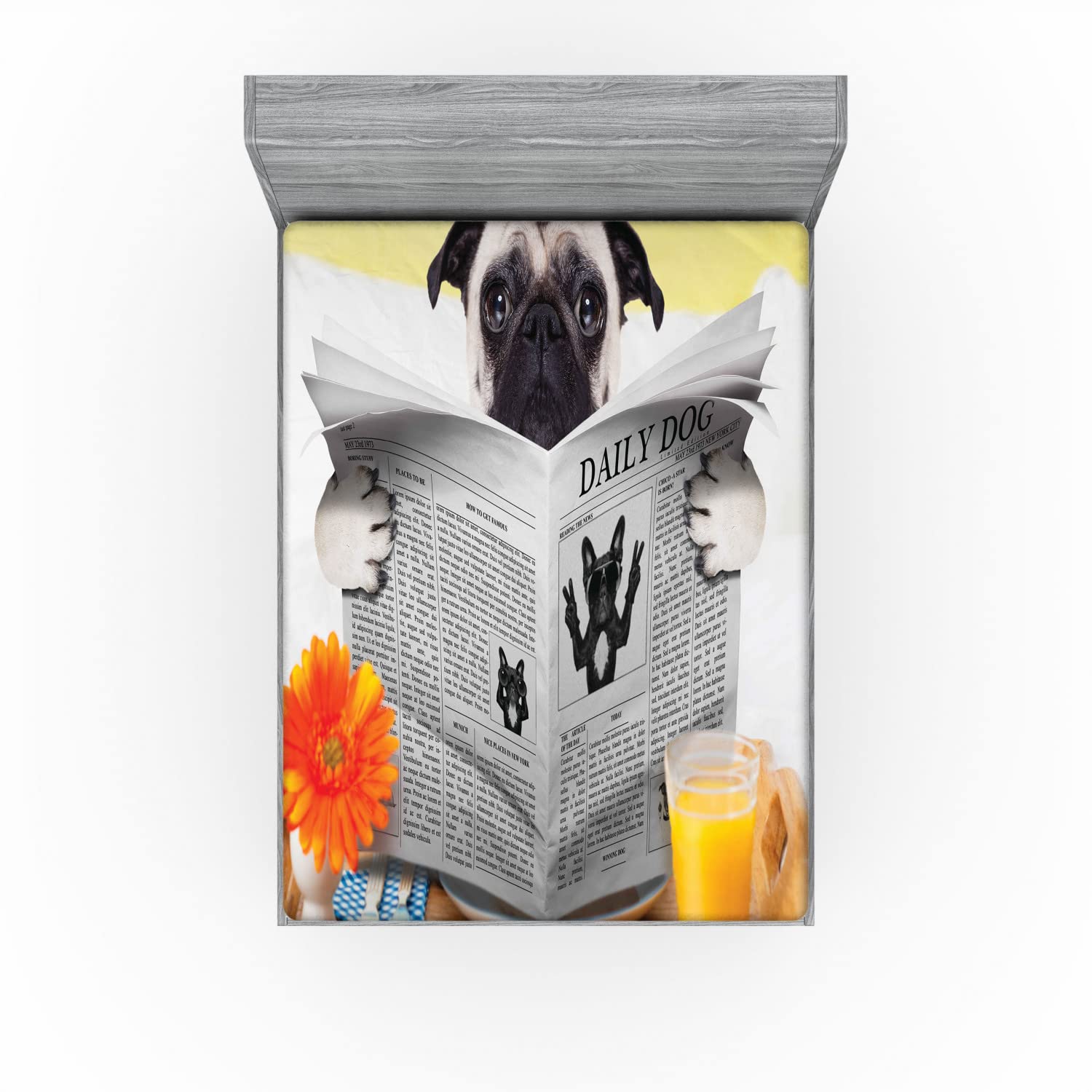 Ambesonne Pug Fitted Sheet - Queen Size Dog-Themed Bed Cover with Deep Pocket Elastic, Pale Brown Yellow Orange | Perfect for Dog Lovers' Bedroom Decor, Cozy Reading in Bed & Family Fun