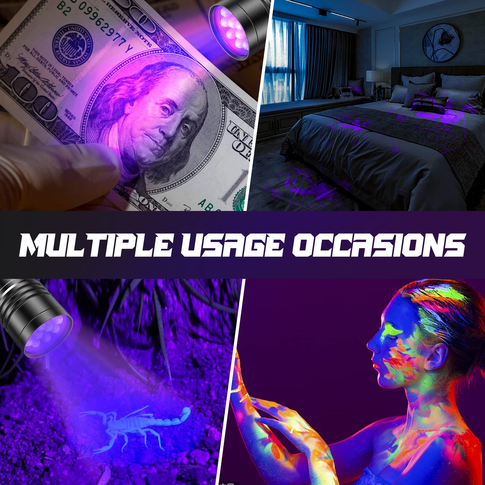 UV Flashlights 2 Pack - 12 LED 395nm Black Light Flashlight for Detecting Pet Urine & House Stains | Includes 6 AAA Batteries | Perfect for Home Inspection, Crime Scene Investigation & Nighttime Hunting