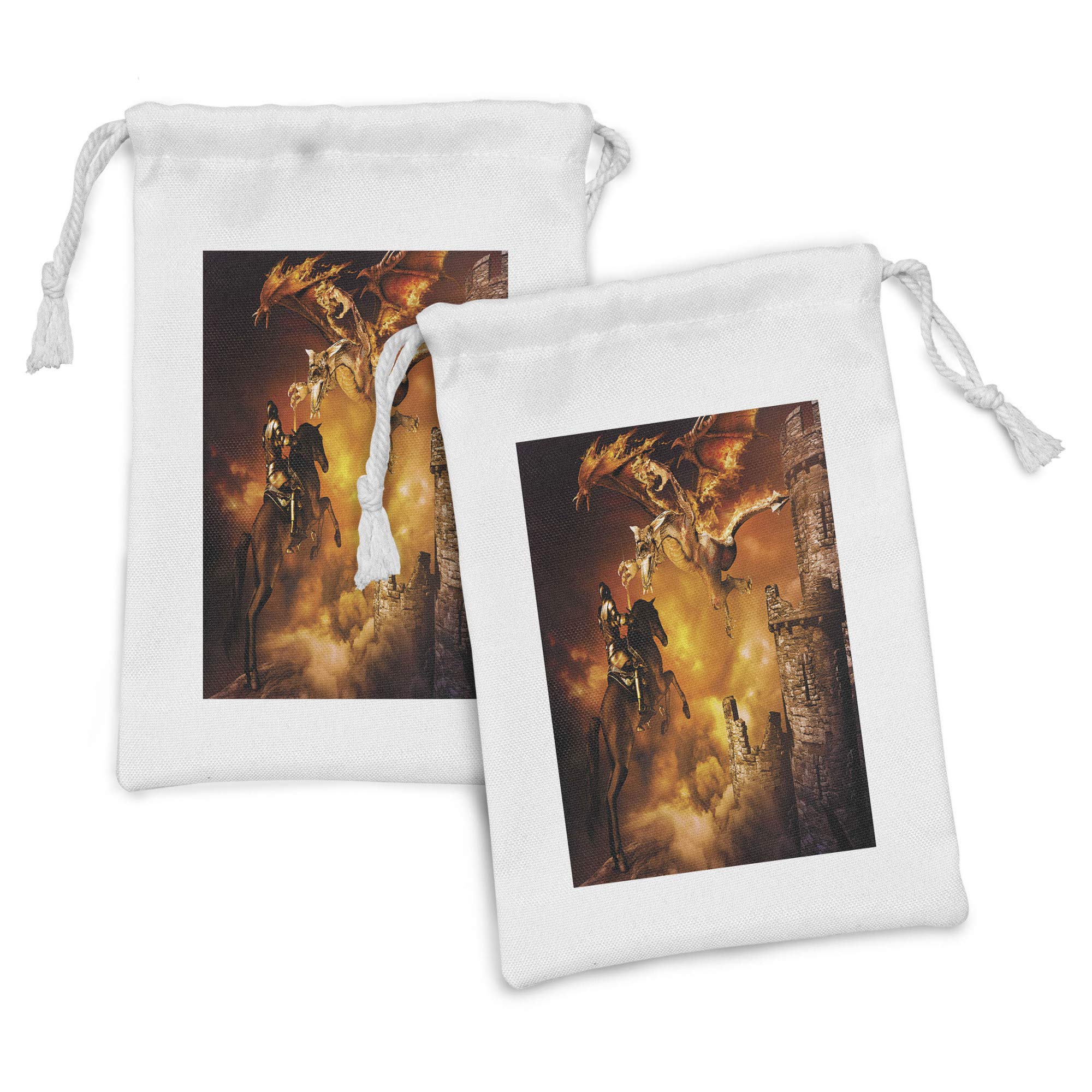Ambesonne 2-Pack Modern Fabric Drawstring Pouches - Knight on Horse Castle Mystic Art Print, Small Black & Marigold Bags (9