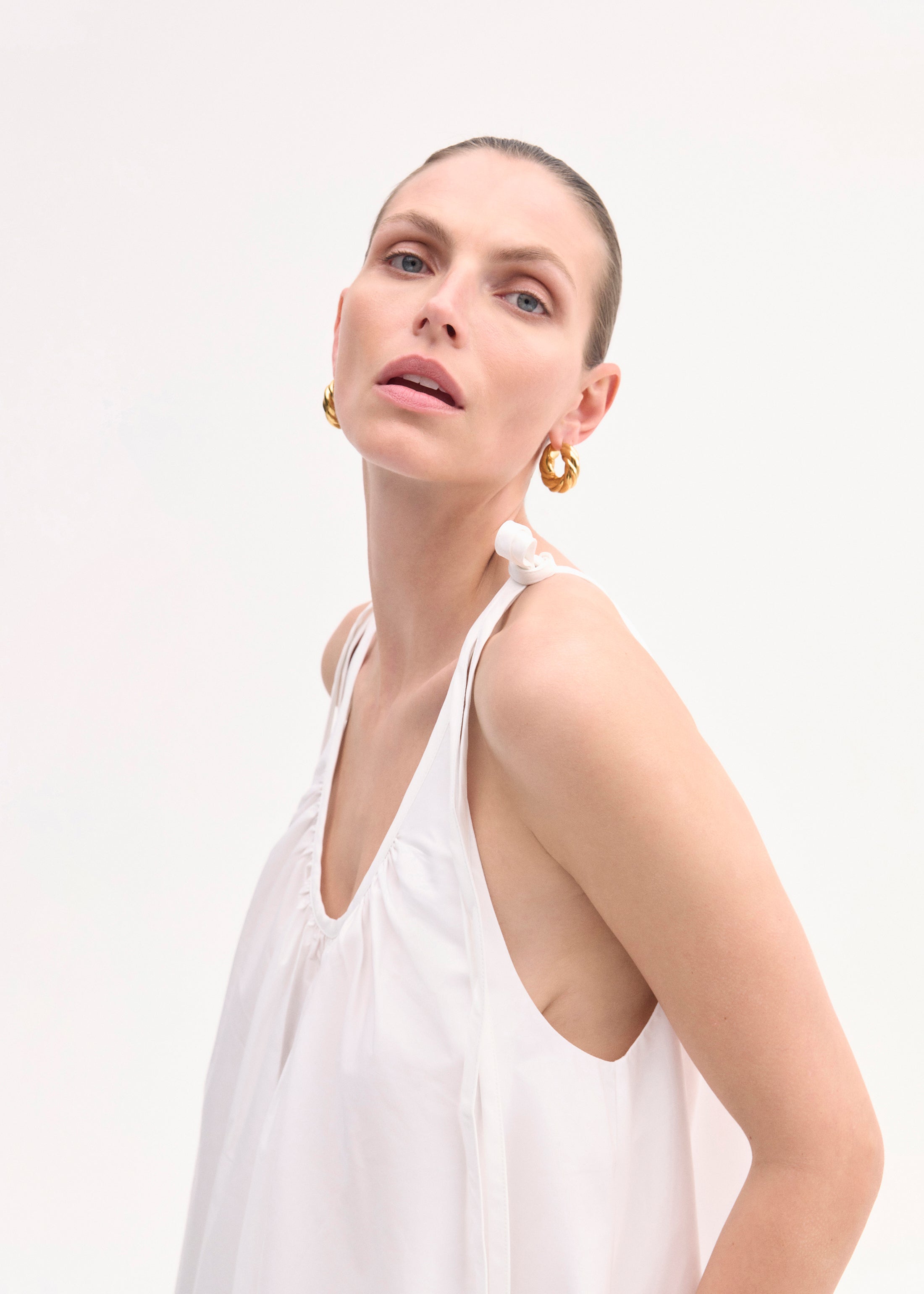 Gathered Halter Dress in Cotton Poplin - White | Summer Beach Dress, Casual Sundress for Women, Vacation Outfit, Boho Chic Style