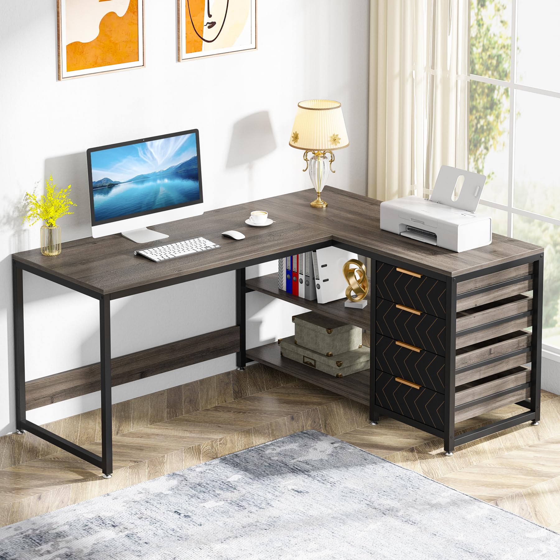 Tribesigns 59 Inch L-Shaped Computer Desk with Storage Drawers & Shelves, Reversible Corner Office Desk - Home Office Workstation, Writing Table for Small Spaces (Grey) | Perfect for Gaming, Remote Work & Study Setup