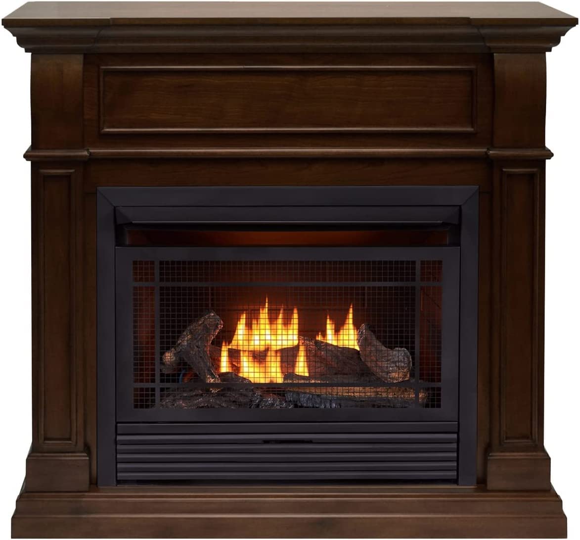 Duluth Forge 26,000 BTU Dual Fuel Ventless Gas Fireplace with Thermostat Control - Walnut Finish Mantel (Model DFS-300T-4W) for Living Room, Bedroom & Indoor Heating - No Ventilation Required