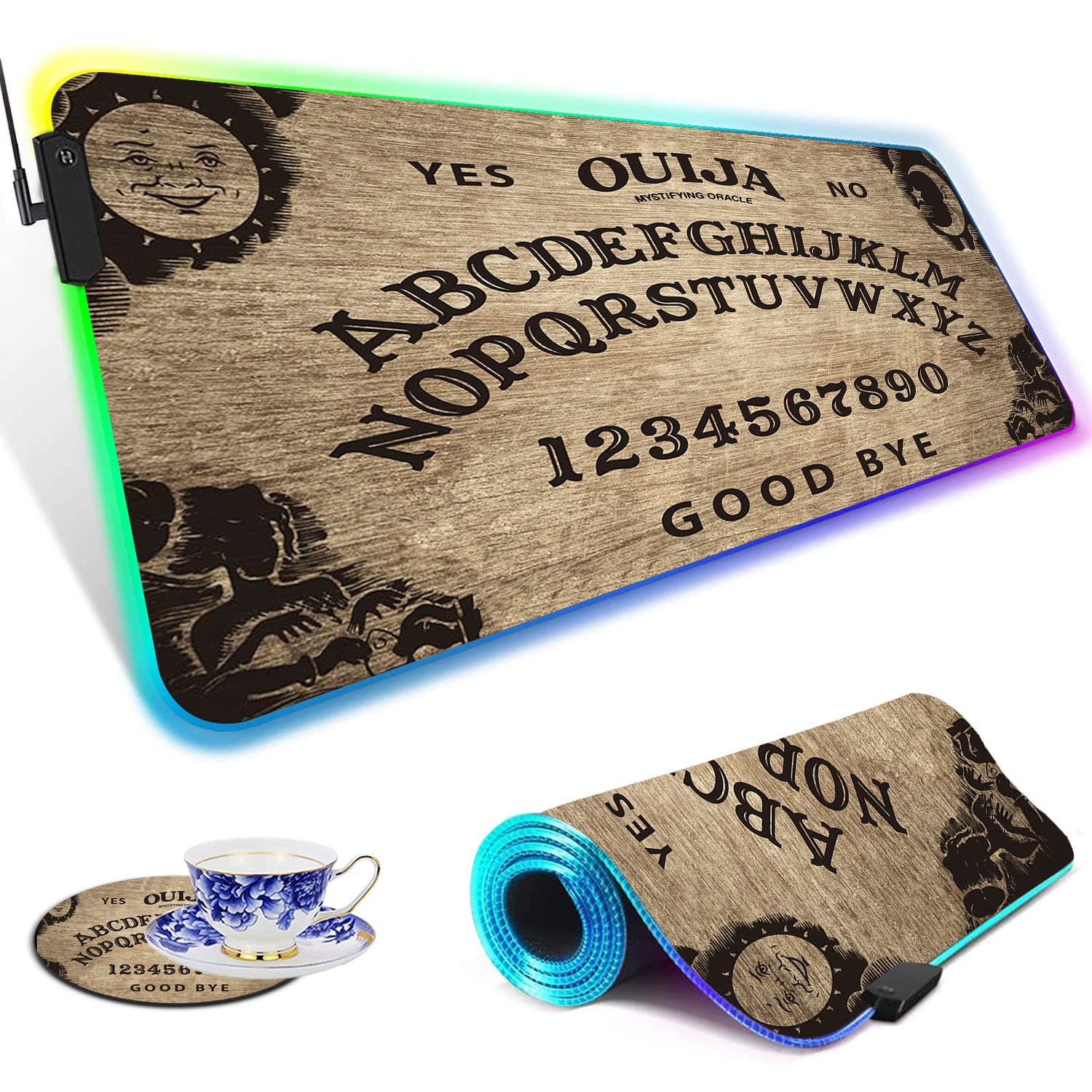 RGB Gaming Mouse Pad - Large LED Light-Up Desk Mat with Non-Slip Waterproof Surface for PC, Keyboard & Gaming Setup - Retro Ouija Board Design for Gamers & Office Work