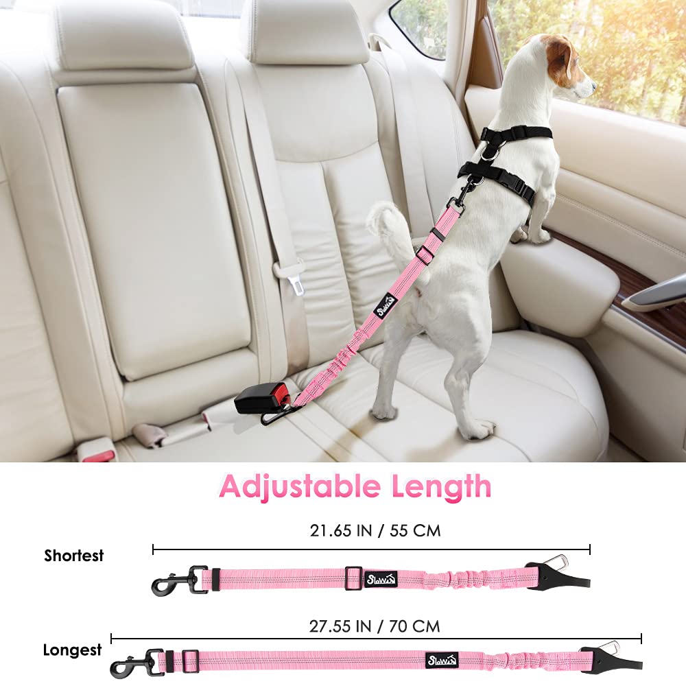 SlowTon Adjustable Dog Seat Belt for Car Safety - 2-in-1 Latch Bar Attachment with Elastic Bungee & Reflective Nylon Leash - Secure Pet Harness Connection (Pink) - Perfect for Road Trips & Daily Commutes