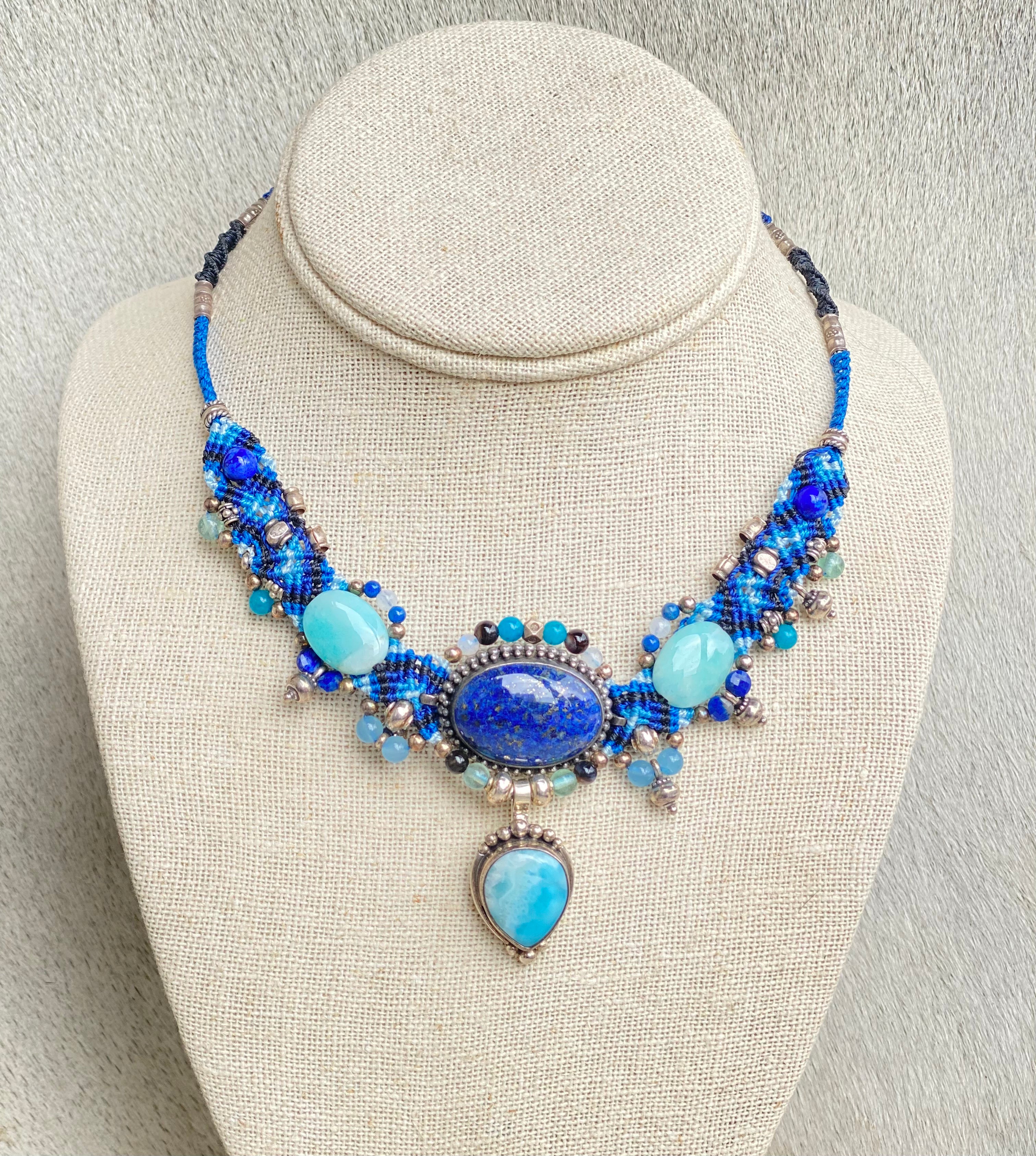 Handmade Macramé Choker Necklace with Lapis Lazuli, Larimar or Amazonite Gemstones - Boho Chic Jewelry for Women, Festival Accessories, Yoga & Meditation Wear