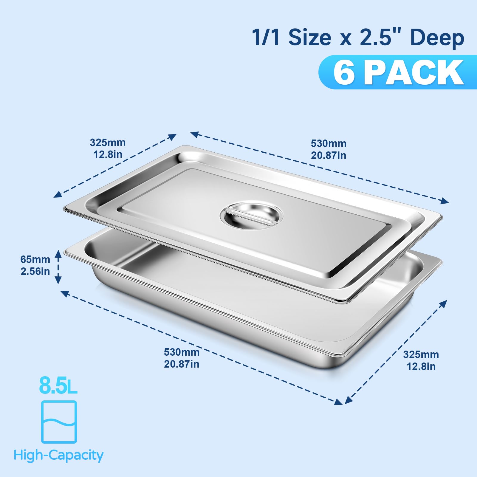 Commercial Stainless Steel Hotel Pan with Lids - 6 Pack Full Size 2.5