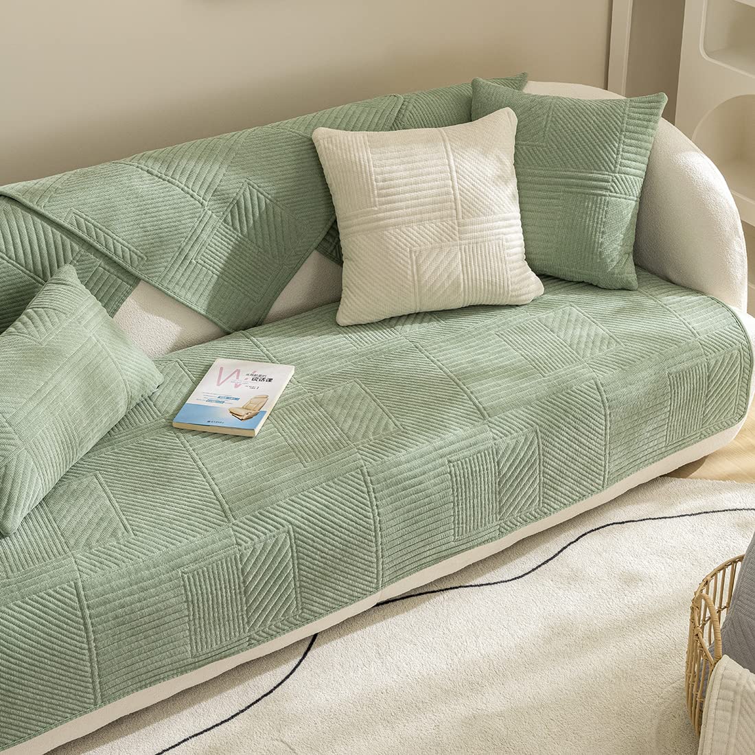 VCTOPS Corduroy Geometric Sofa Cover - Soft Quilted Sectional Couch Slipcover, Non-Slip Pet-Friendly Furniture Protector for Dogs & Cats - Fits L-Shaped, Recliner & Leather Couches (Green, 43