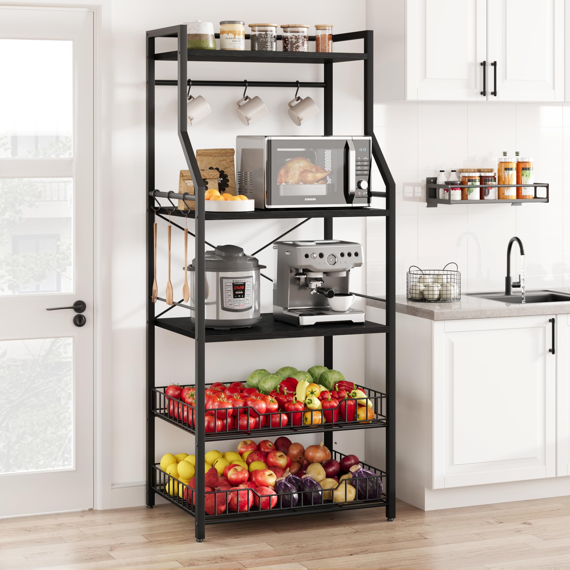IDEALHOUSE 5-Tier Kitchen Bakers Rack with Microwave Stand - Industrial Coffee Bar Station with 2 Large Wire Baskets & 8 Hooks - Rustic Black Storage Shelf for Spices, Pots & Kitchen Organization - Perfect for Small Spaces, Apartments & Coffee Bar Setups