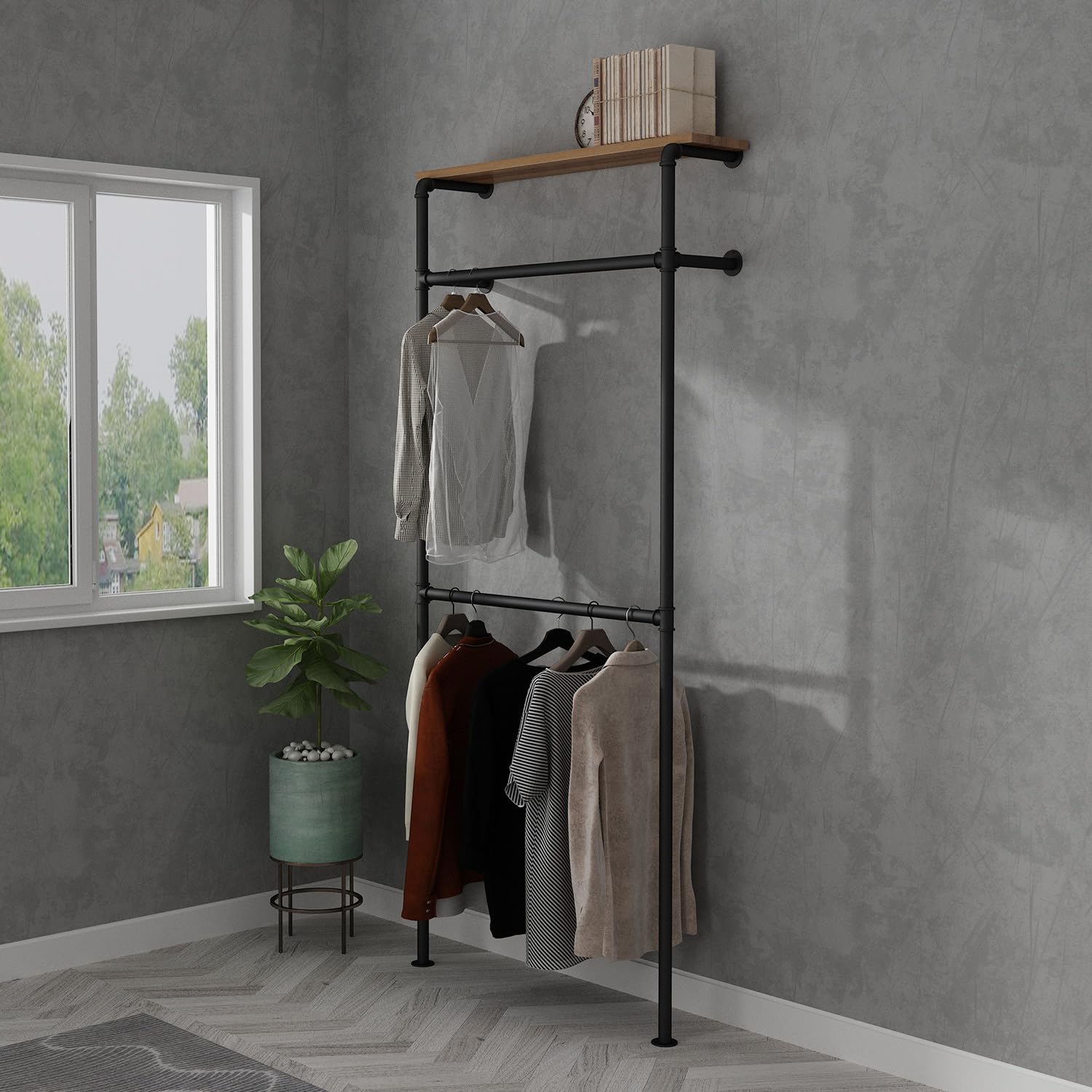 Industrial Pipe Clothing Rack - Heavy Duty Wall Mounted Garment Rack for Wardrobe, Bedroom & Walk-In Closet | Sturdy Black Metal Clothes Hanging System | Perfect for Home Organization & Commercial Use