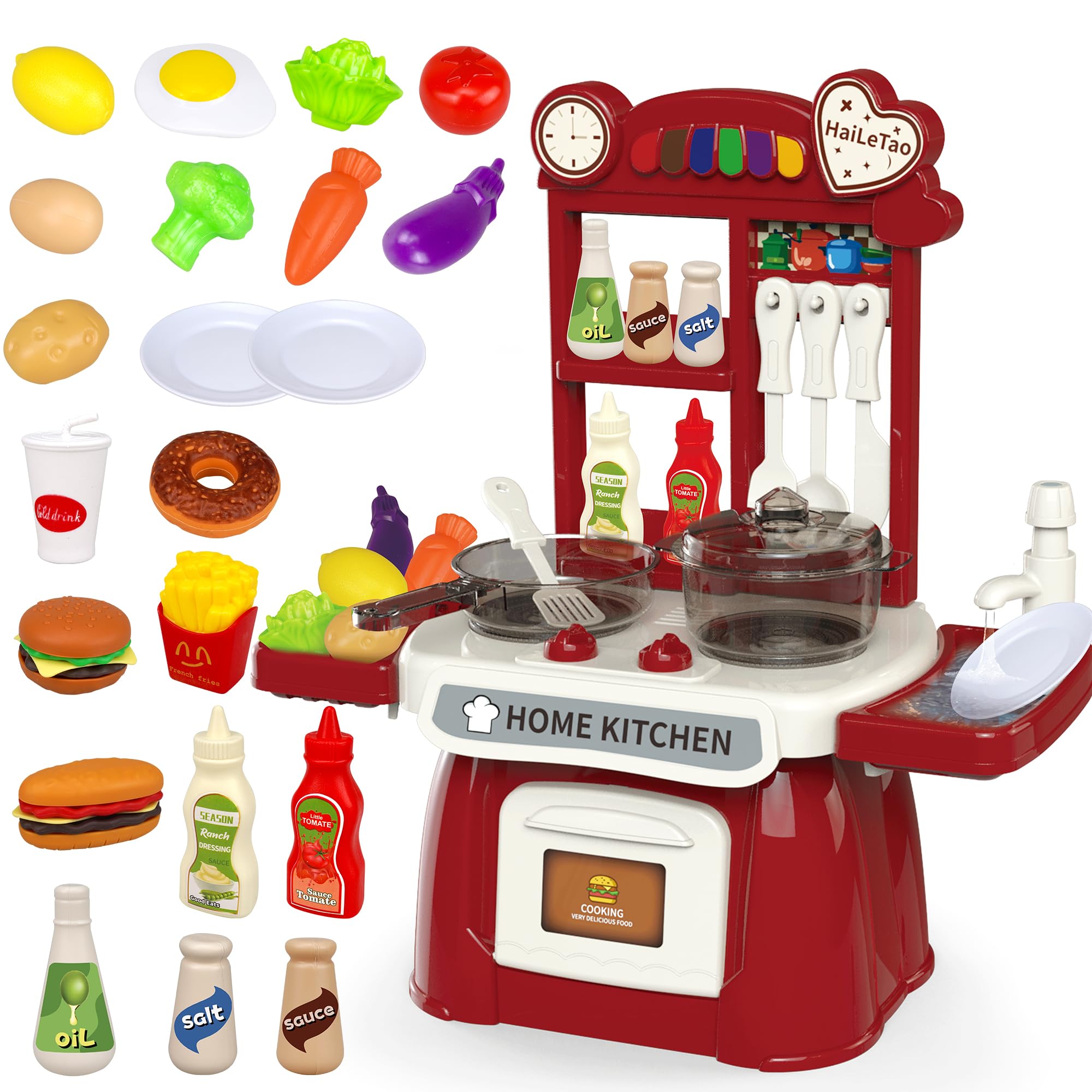 **Toddler Kitchen Playset with Sound & Light - Pretend Cooking Toy Set for Kids, Play Sink with Running Water & Electronic Induction Stove - Red Kitchen Accessories for Pretend Play & Role-Playing Fun**