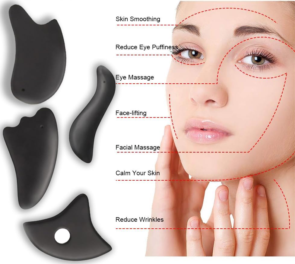 Premium Bian Stone Gua Sha Facial Tools Set of 4 - Natural Face & Body Massage Kit for Glowing Skin, Anti-Aging, Face Lifting & Slimming - Perfect for Daily Skincare Routine (Black) | Spa, Home Relaxation & Self-Care Gift for Women & Men