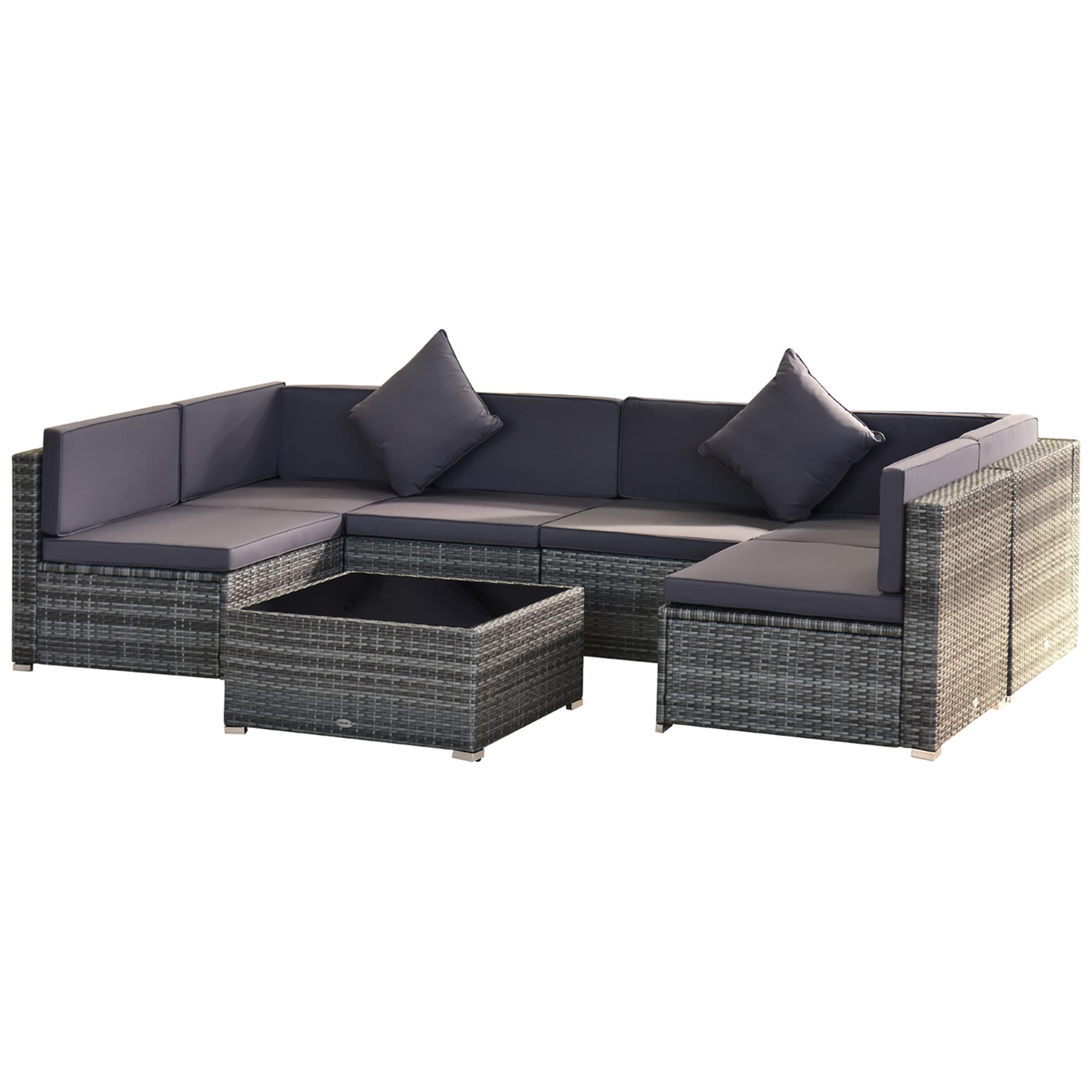 Outsunny 7-Piece All-Weather PE Rattan Patio Furniture Set - Outdoor Wicker Sectional Sofa with Cushions & Tempered Glass Tabletop, Grey - Perfect for Backyard, Garden, Poolside & Patio Relaxation