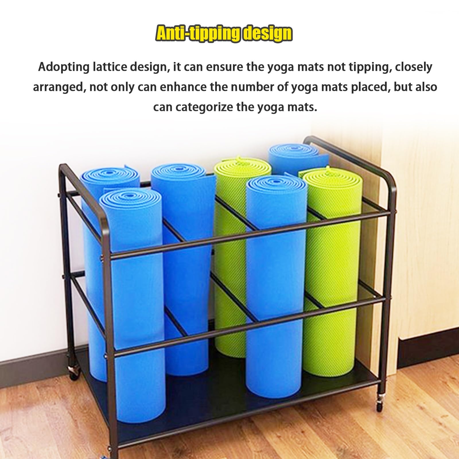 Aimery Foam Roller & Yoga Mat Storage Rack with Wheels - Yoga Mat Holder, Gym Equipment Organizer for Home, Yoga Studio & Fitness Center - Portable Storage Solution for Foam Rollers, Yoga Mats & Exercise Accessories (Black) - Perfect for Small Spaces & Home Gym Organization