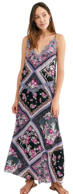 Free People Women's Stevie Printed Lace Trim Maxi Dress - Boho Floral Summer Dress with Lace Details in Gray | Perfect for Beach Vacations, Music Festivals & Date Nights